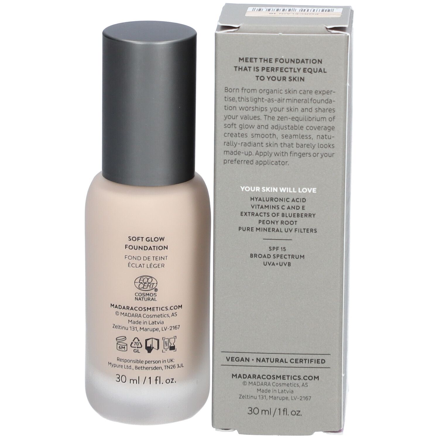 Retro della confezione del fondotinta Madara Skin Equal. Testo sul prodotto, ingredienti, certificazioni e informazioni di contatto.