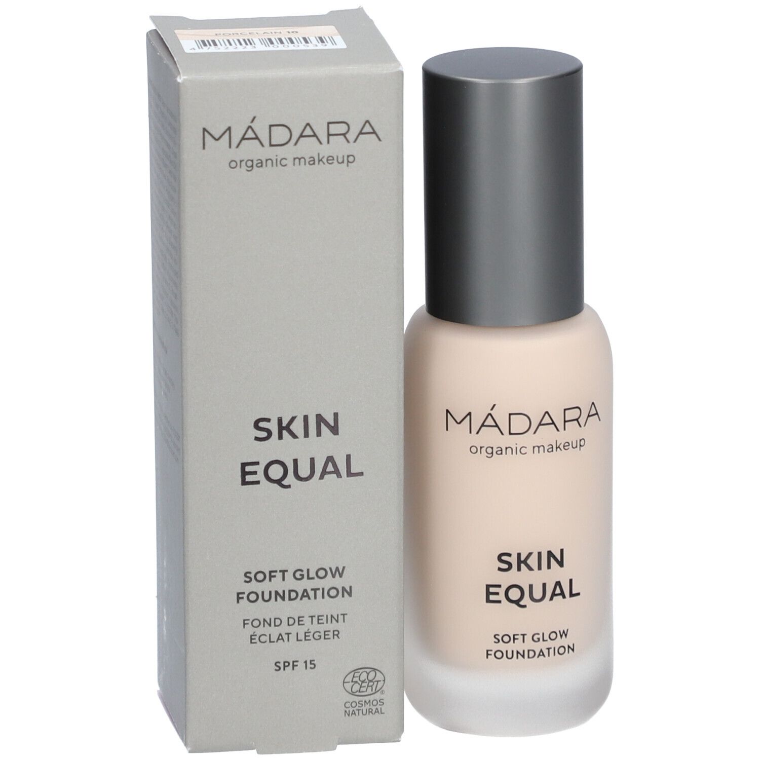 Fondotinta Madara Skin Equal e confezione. Flacone con tappo argentato, liquido chiaro. Scritta: Skin Equal, Soft Glow Foundation, SPF 15.