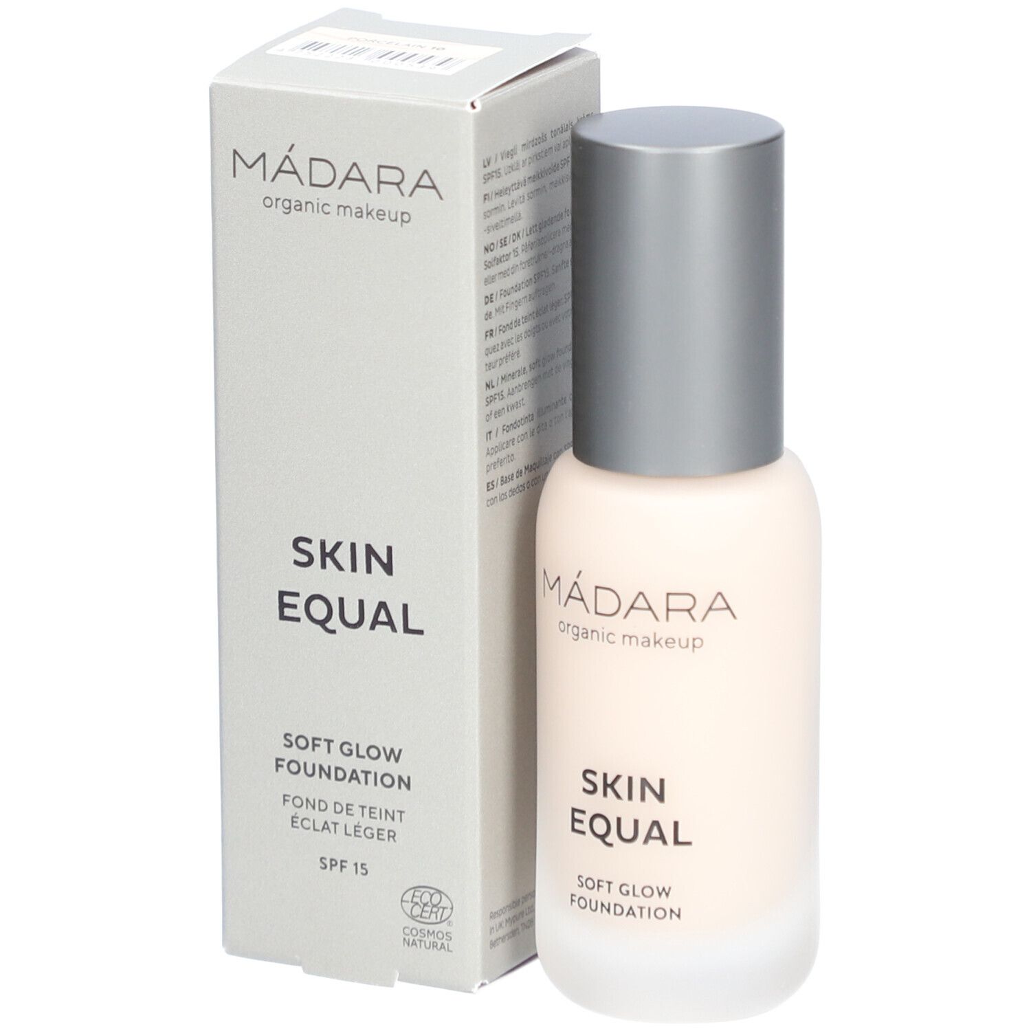 Fondotinta Madara Skin Equal e confezione. Flacone con tappo argentato, liquido chiaro. Scritta: Skin Equal, Soft Glow Foundation, SPF 15.