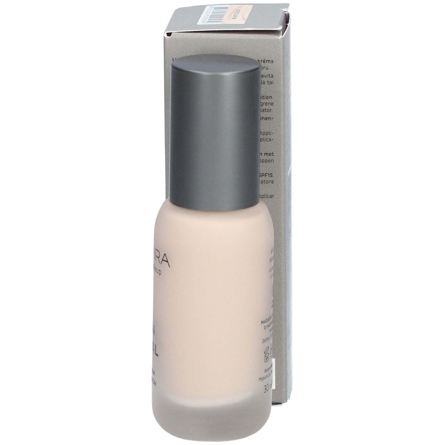 Fondotinta Madara Skin Equal. Flacone con tappo argentato, liquido chiaro. Scritta: Skin Equal, Soft Glow Foundation.
