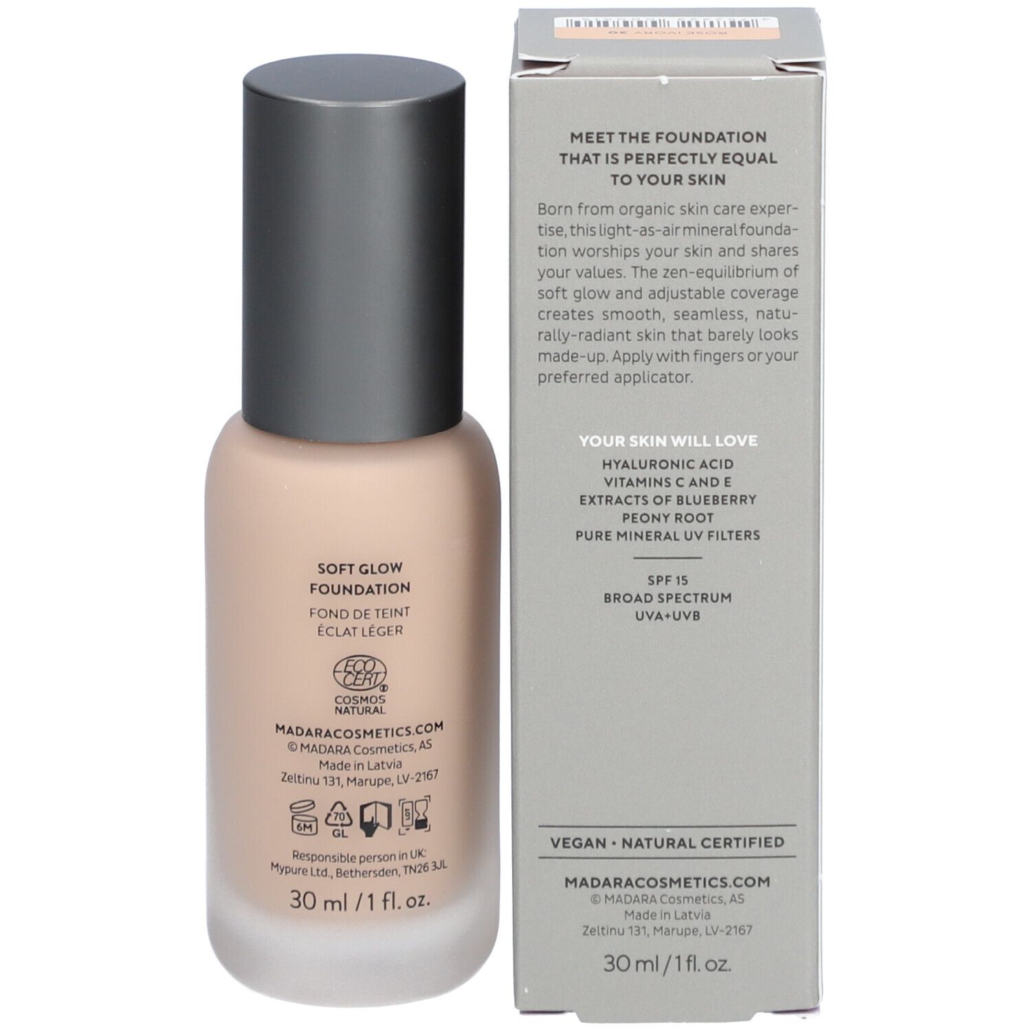 Fondotinta Madara Skin Equal, flacone e scatola. Scritto: Skin Equal, Soft Glow Foundation, SPF 15. 30 ml/1 fl.oz.