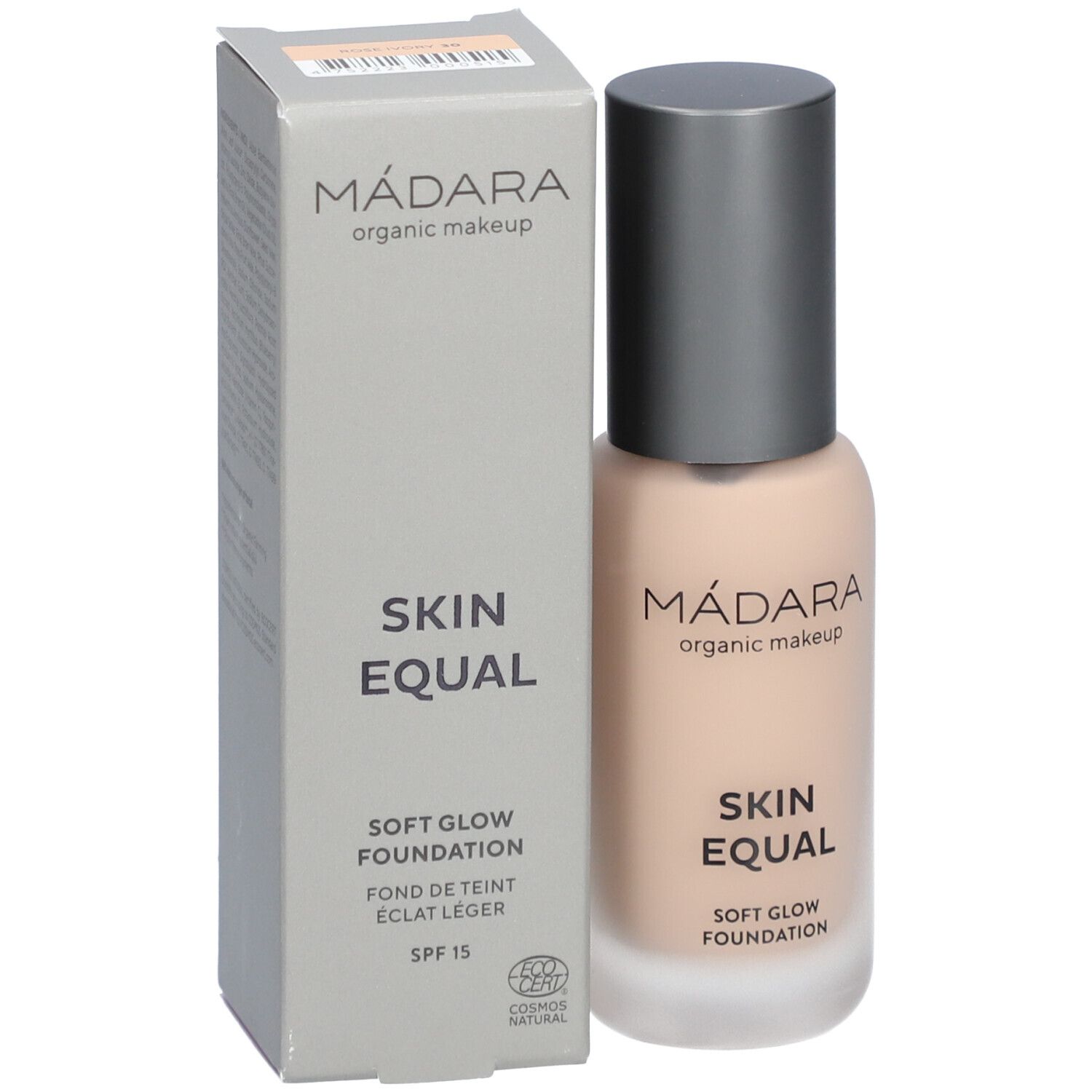 Fondotinta Madara Skin Equal, flacone e scatola. Scritto: Skin Equal, Soft Glow Foundation, SPF 15. Cosmos Natural.
