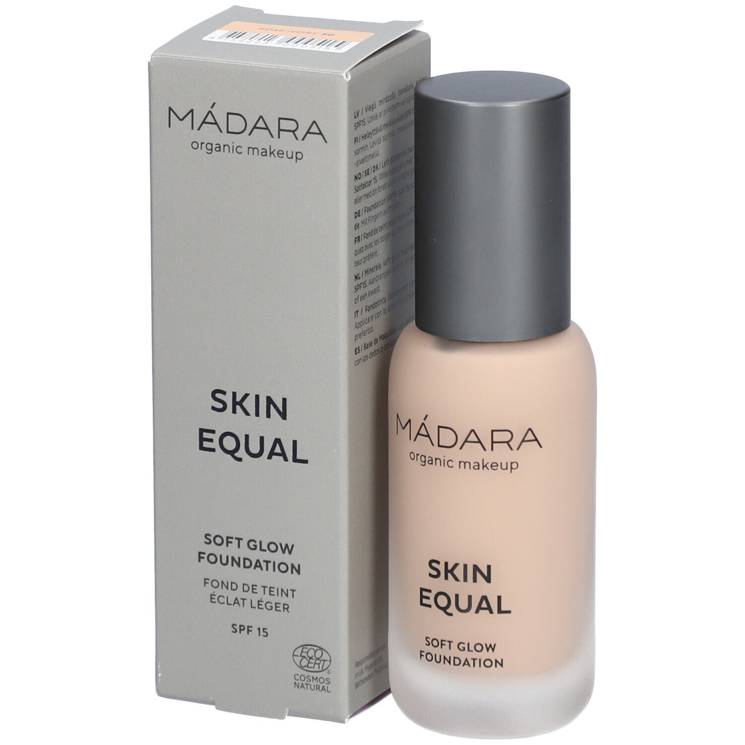 Fondotinta Madara Skin Equal, flacone e scatola. Scritto: Skin Equal, Soft Glow Foundation, SPF 15. Cosmos Natural.