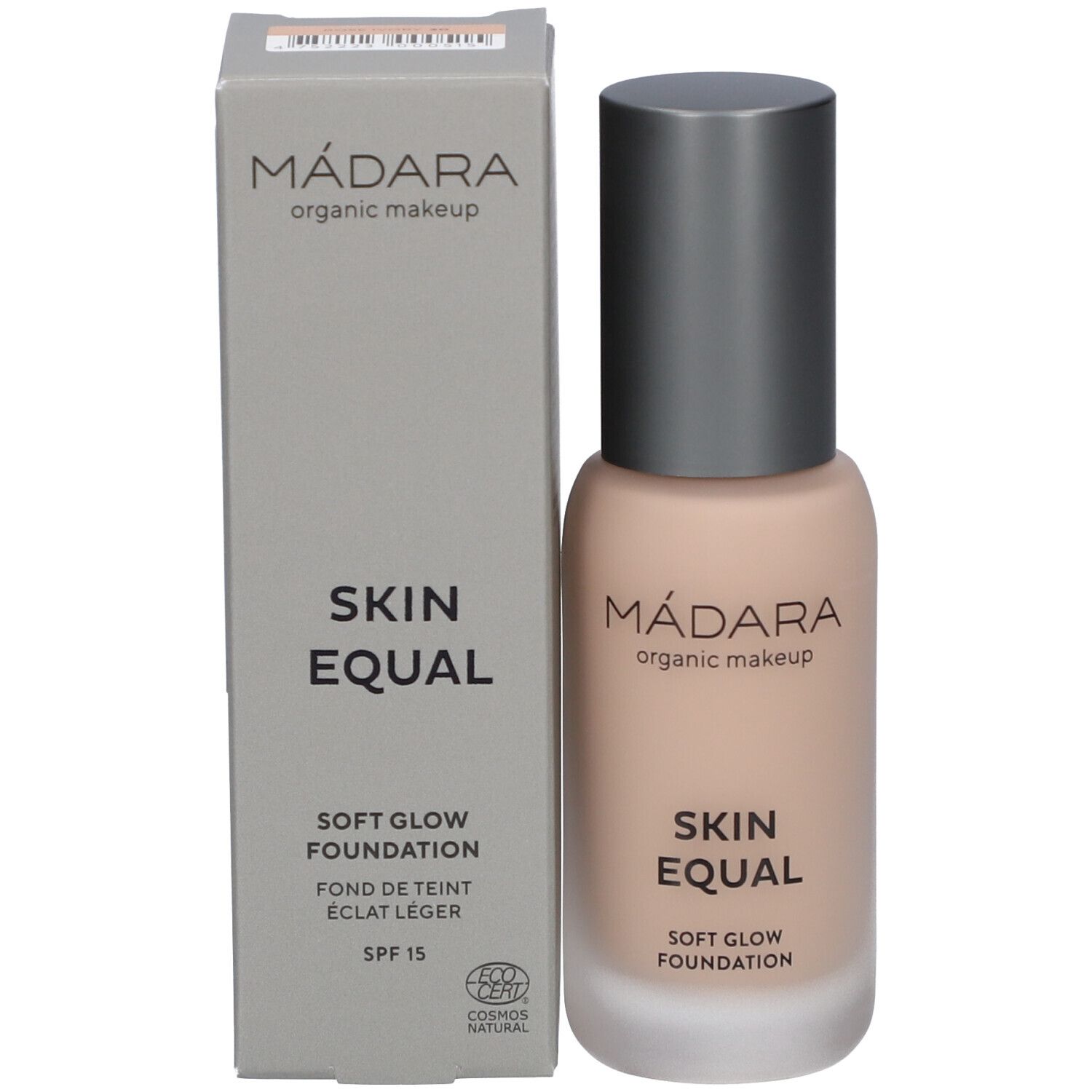 Fondotinta Madara Skin Equal, flacone e scatola. Scritto: Skin Equal, Soft Glow Foundation, SPF 15. Cosmos Natural.