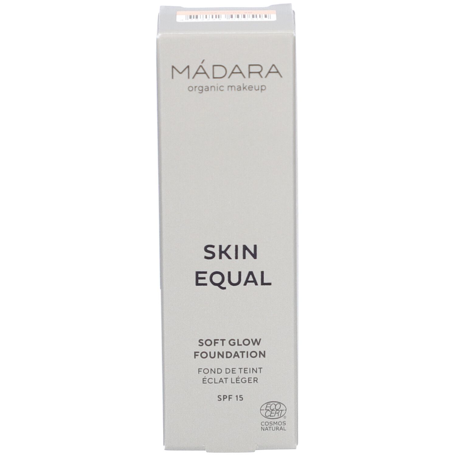 Scatola con scritto: Skin Equal, Soft Glow Foundation, SPF 15. Cosmos Natural. Senza flacone.