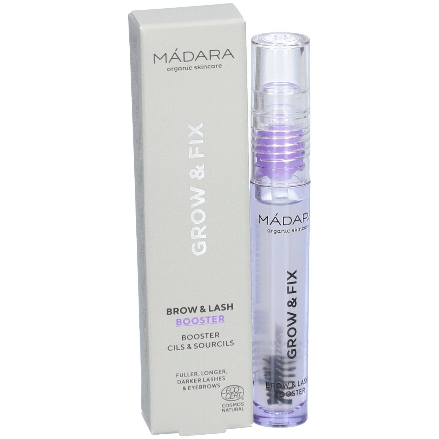 Siero Madara Grow & Fix per sopracciglia e ciglia. Flacone e confezione. Testo: Grow & Fix, Brow & Lash Booster.