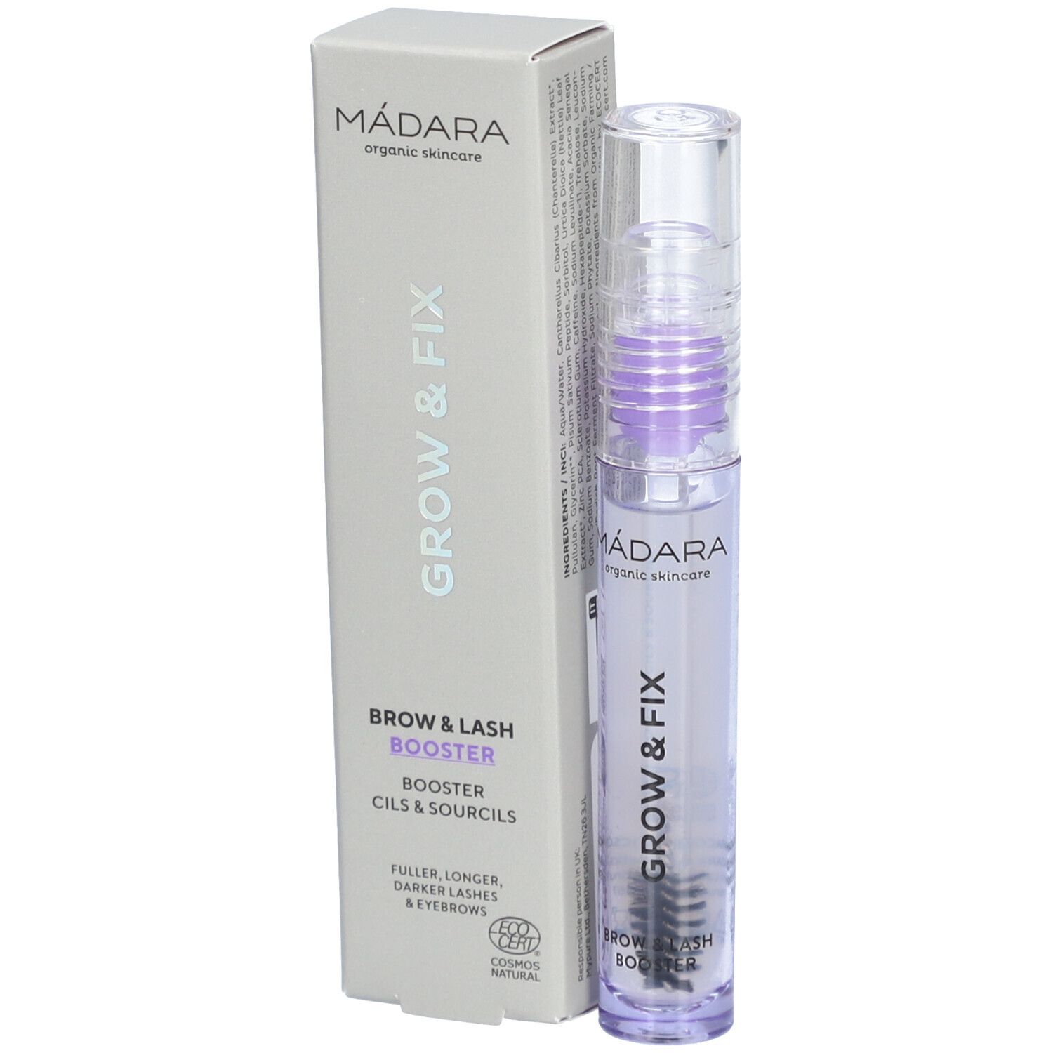 Siero Madara Grow & Fix per sopracciglia e ciglia. Flacone e confezione. Testo: Grow & Fix, Brow & Lash Booster.