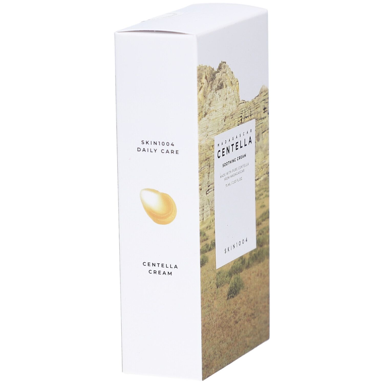 Confezione bianca con nome del prodotto e paesaggio. Testo: Centella Cream, SKIN1004.