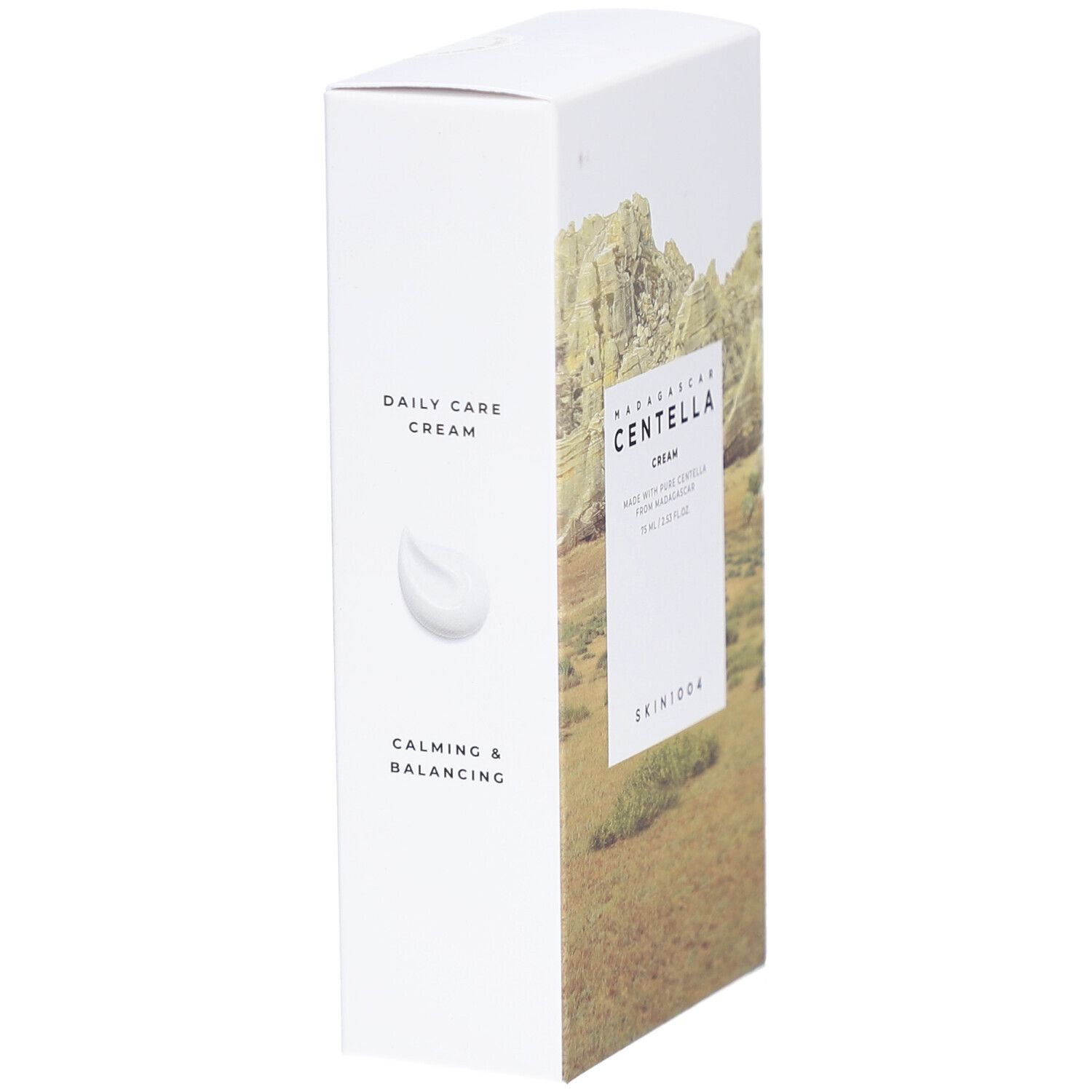 Lato della confezione SKIN1004 MADAGASCAR CENTELLA CREAM. Testo: Daily Care Cream, Calming & Balancing.