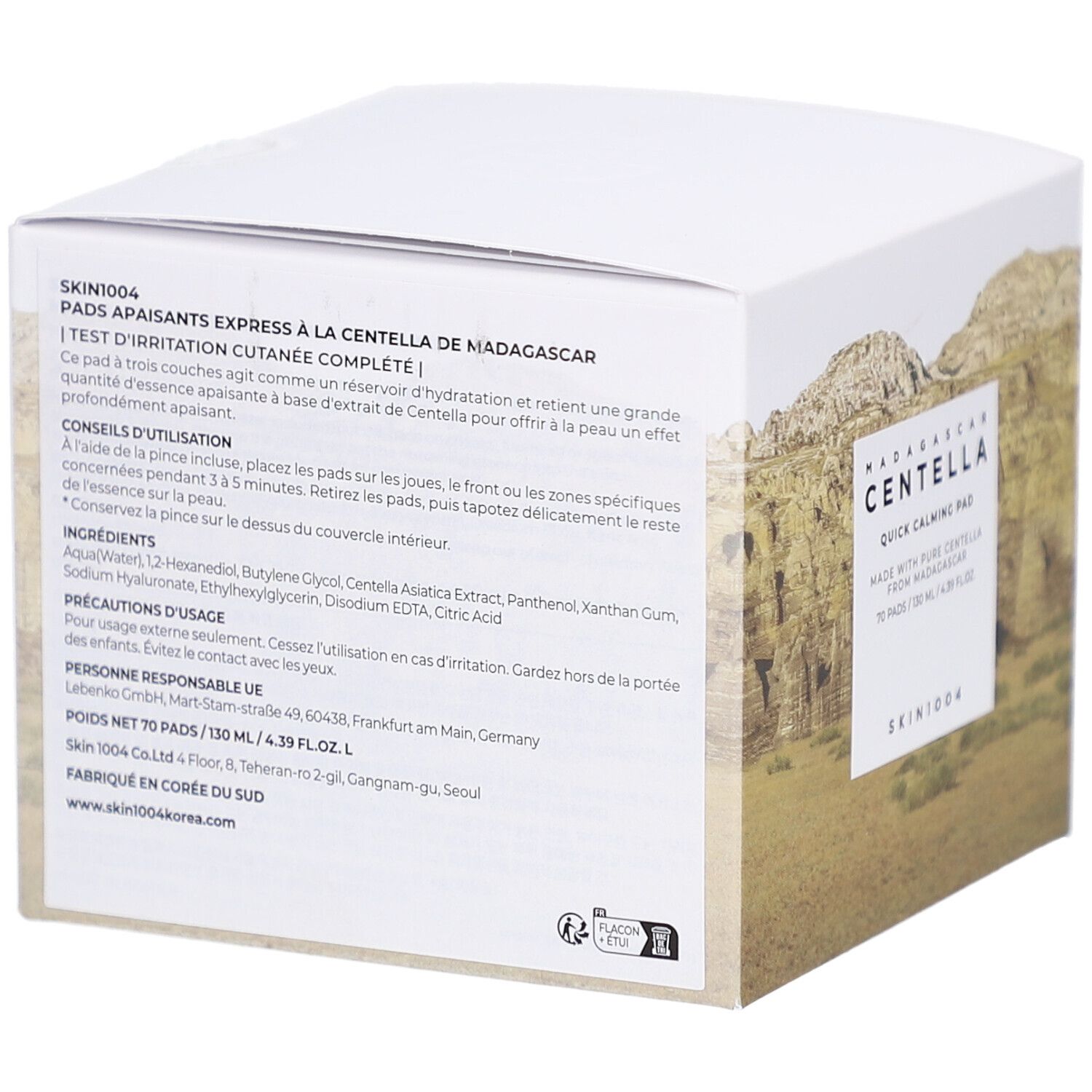 Retro della confezione bianca del prodotto. Testo: SKIN1004, Pads apaisants express à la Centella de Madagascar. Ingredienti e utilizzo.