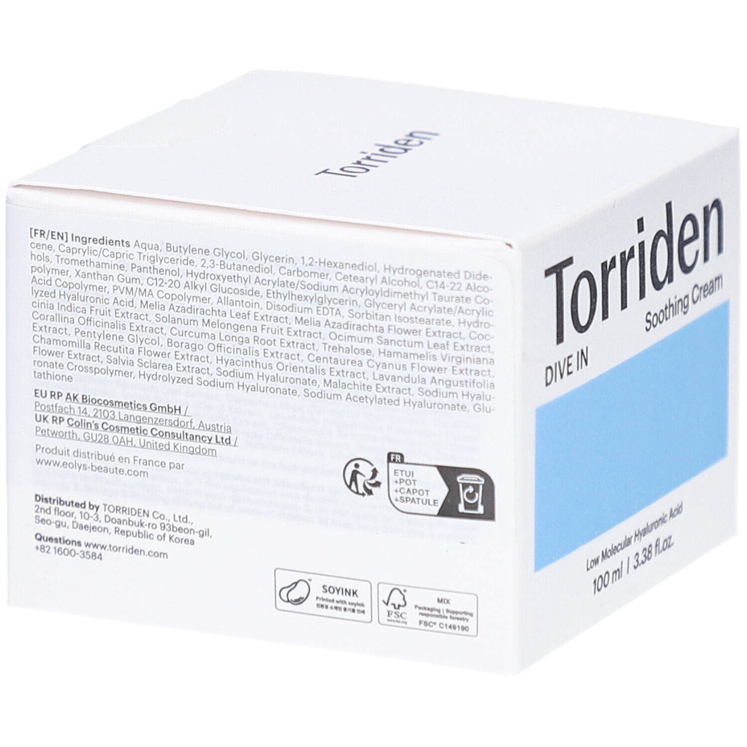 Confezione bianca con testo. Scritta: Torriden, Soothing Cream. Contiene ingredienti, istruzioni e loghi. Con spatola.