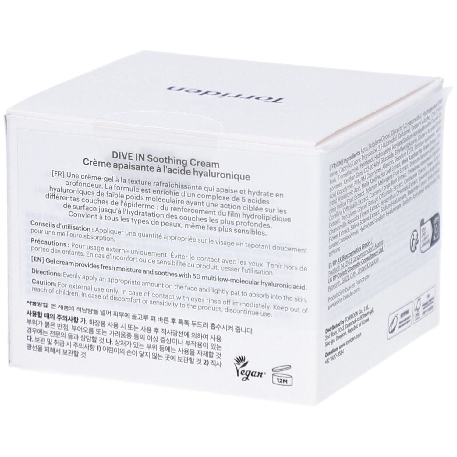 Confezione bianca con testo. Scritta: Dive In Soothing Cream. Contiene istruzioni e logo vegano. Simbolo 12M.