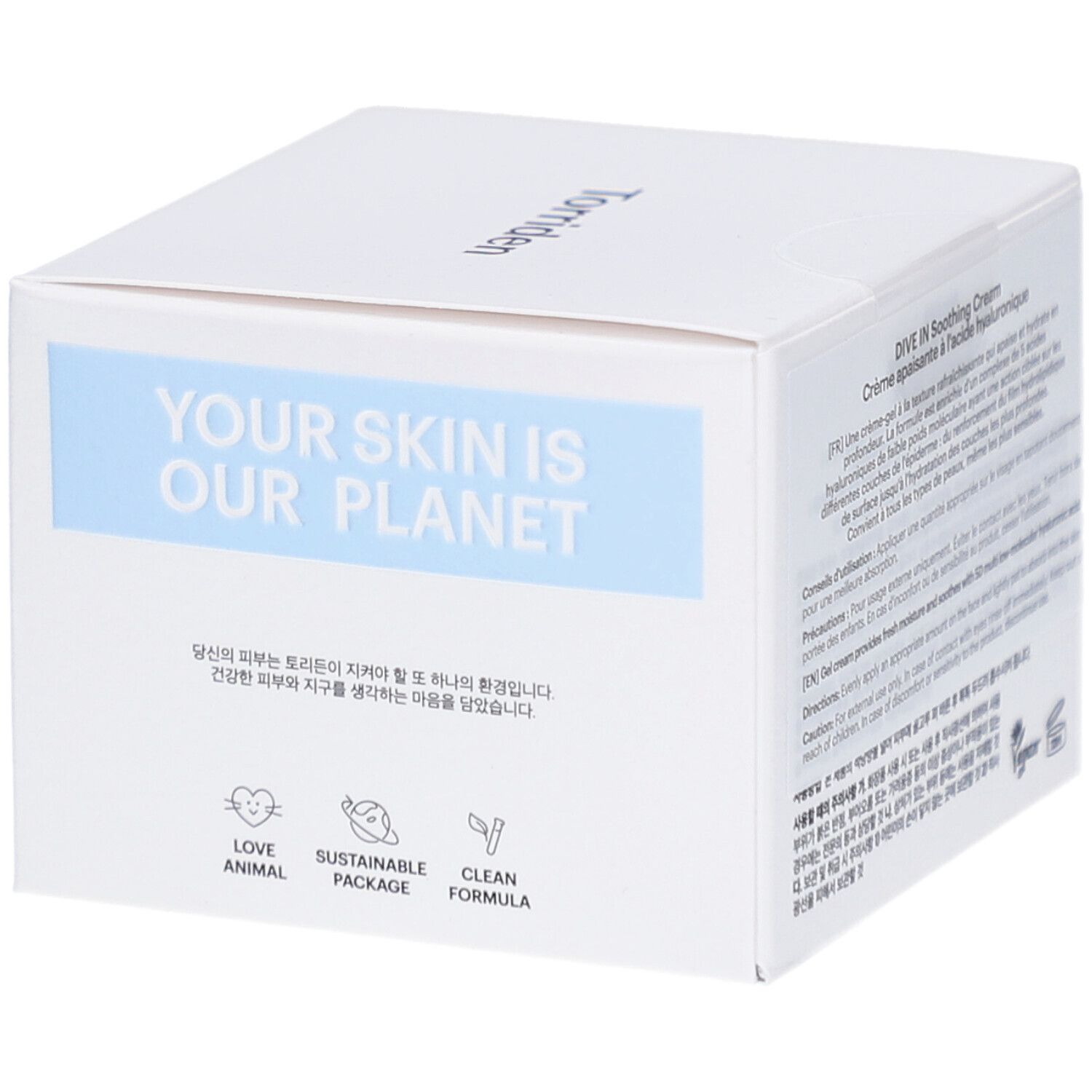 Confezione bianca con riquadro blu. Scritta: Torriden, Dive In, Soothing Cream. Contiene loghi: Love Animal, Sustainable Package.