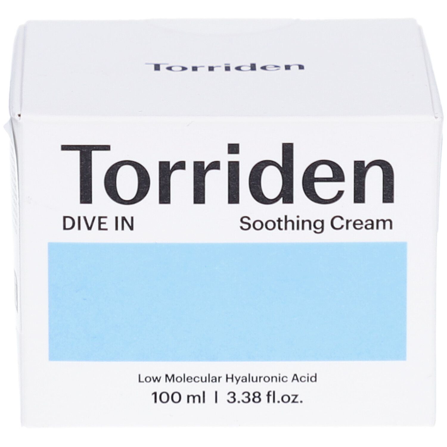 Confezione bianca con riquadro blu. Scritta: Torriden, Dive In, Soothing Cream. Contiene acido ialuronico. 100 ml.