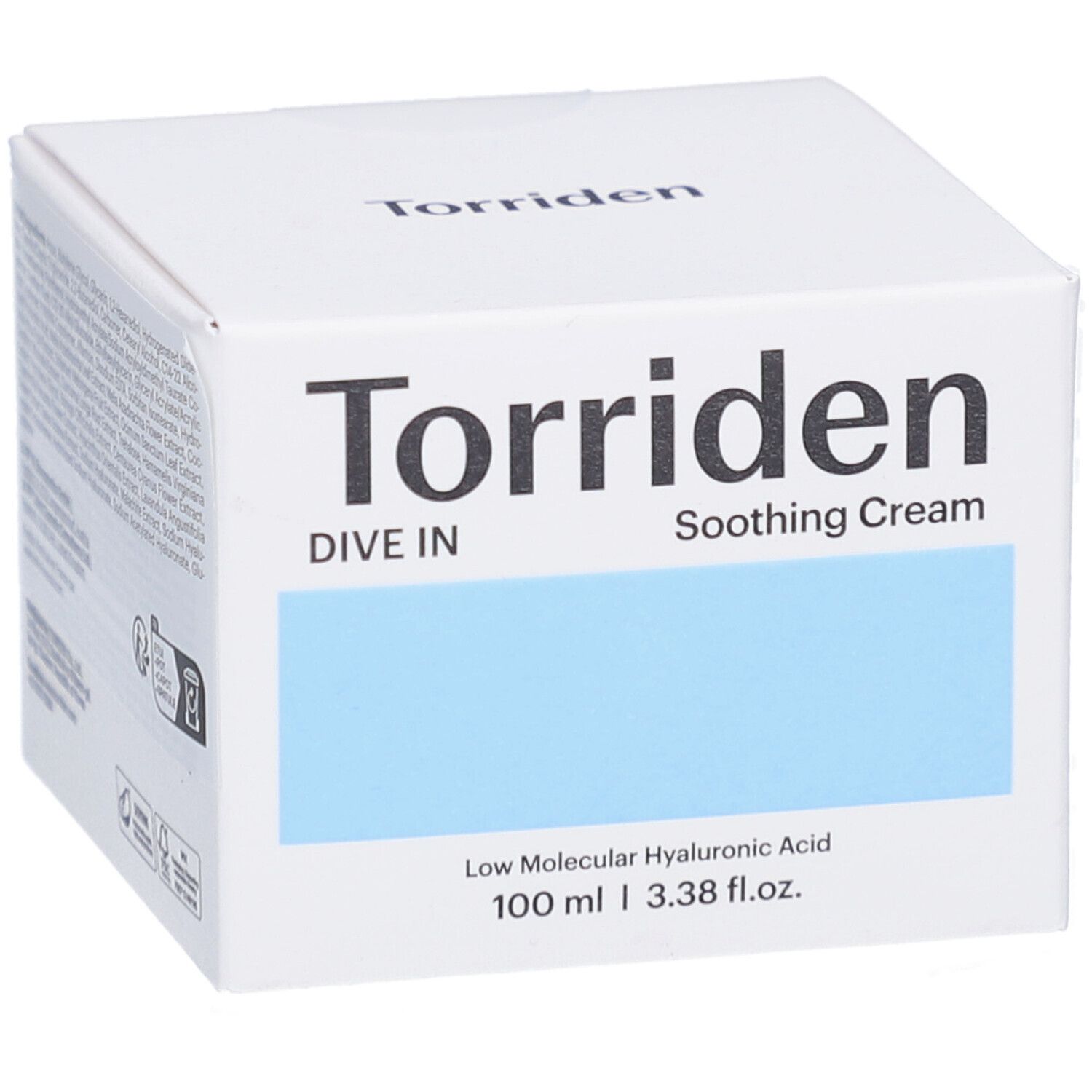Confezione bianca con riquadro blu. Scritta: Torriden, Dive In, Soothing Cream. Contiene acido ialuronico. 100 ml.