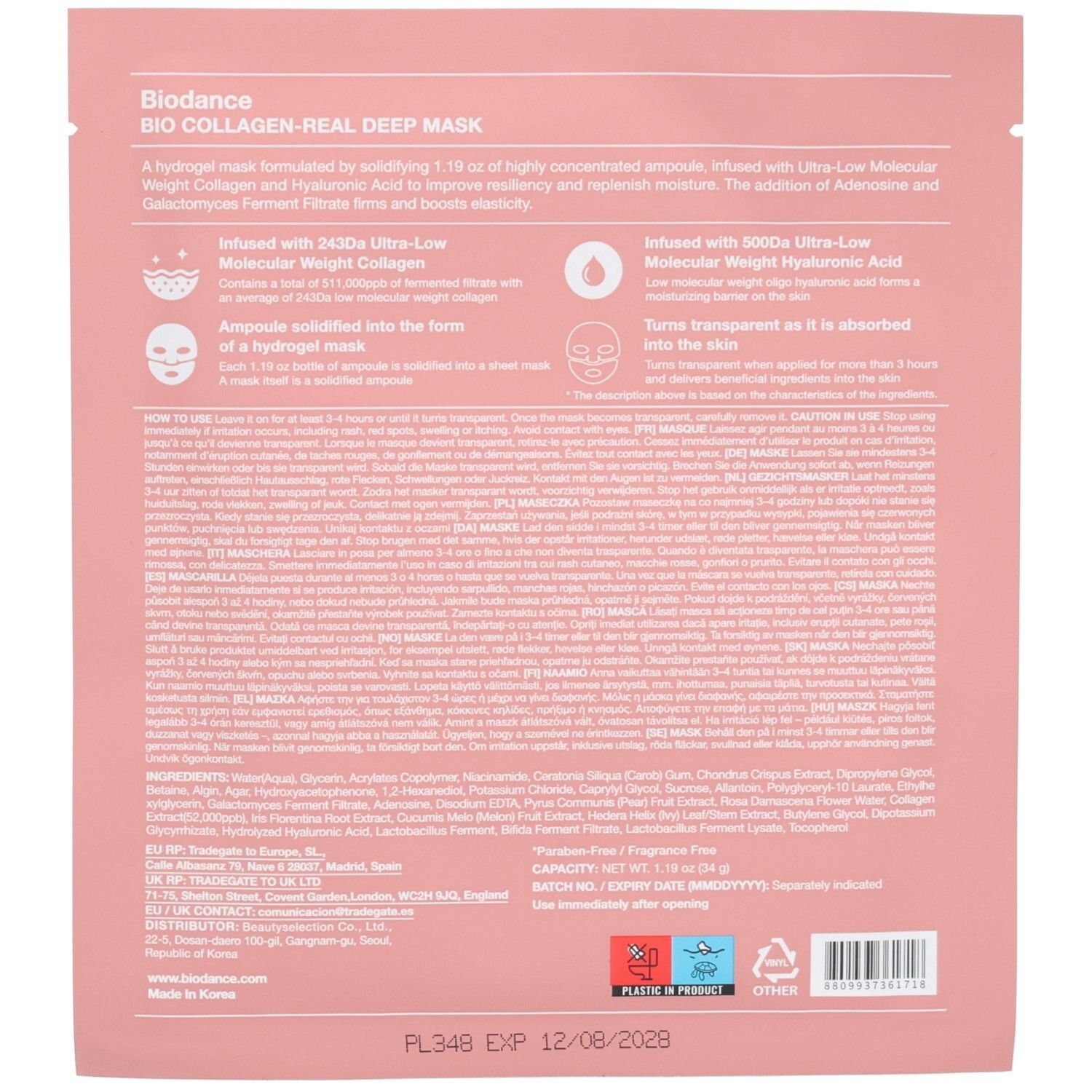 Retro della confezione rosa singola. Testo: "Biodance BIO COLLAGEN-REAL DEEP MASK". Contiene testo e simboli. In basso: "PLASTIC OR PRODUCT".