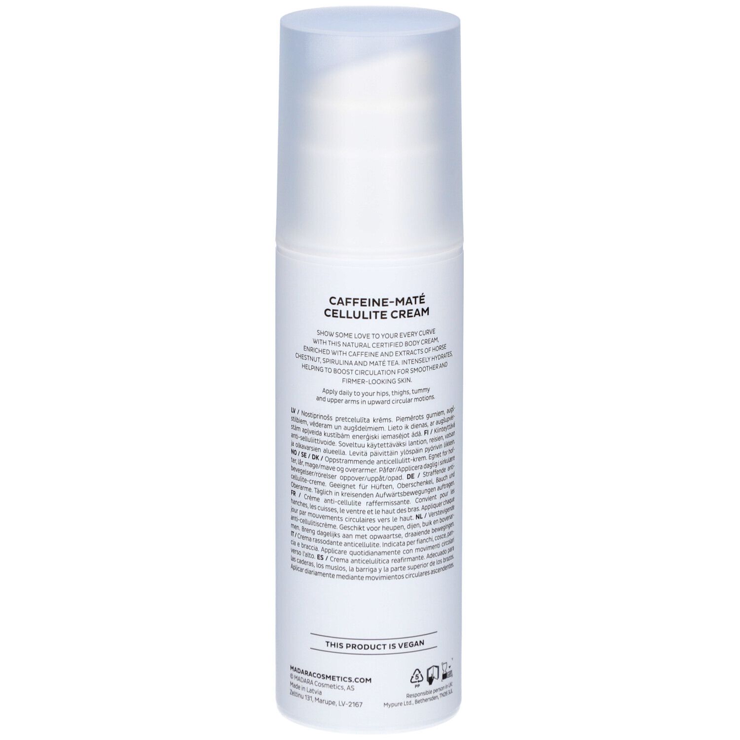 Flacone bianco con testo. Caffeine-Maté Cellulite Cream. Marchio Mádara. Testo multilingue.