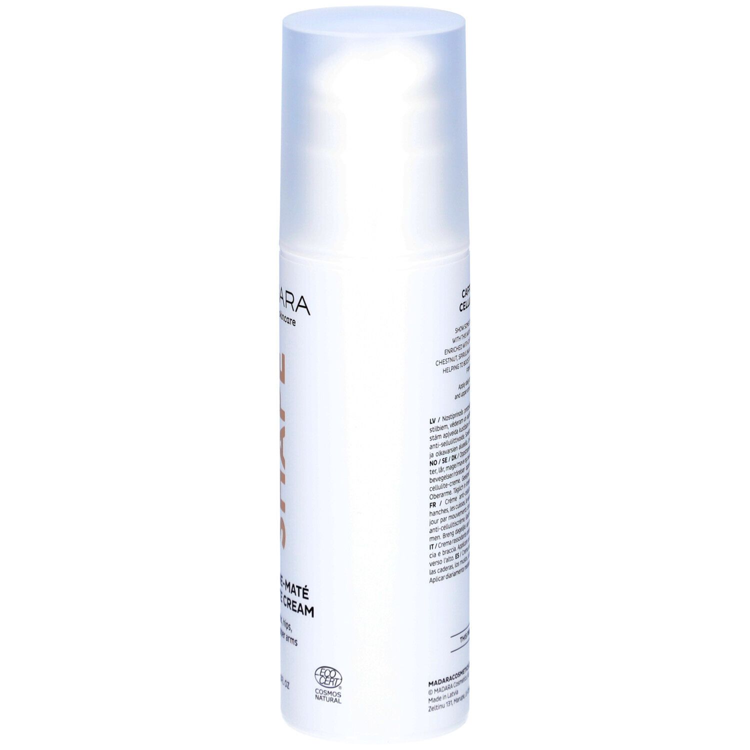 Flacone bianco con testo. Caffeine-Maté Cellulite Cream. Marchio Mádara. Testo multilingue.