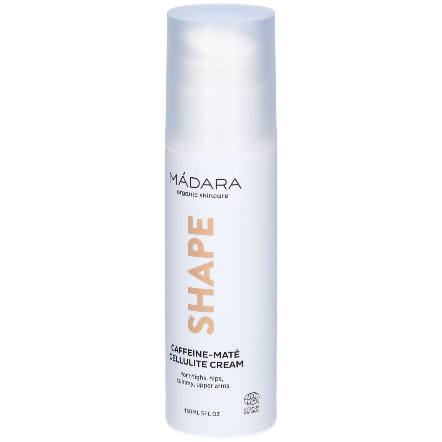 Flacone bianco con SHAPE, Caffeine-Maté Cellulite Cream. Marchio Mádara. 150ml.