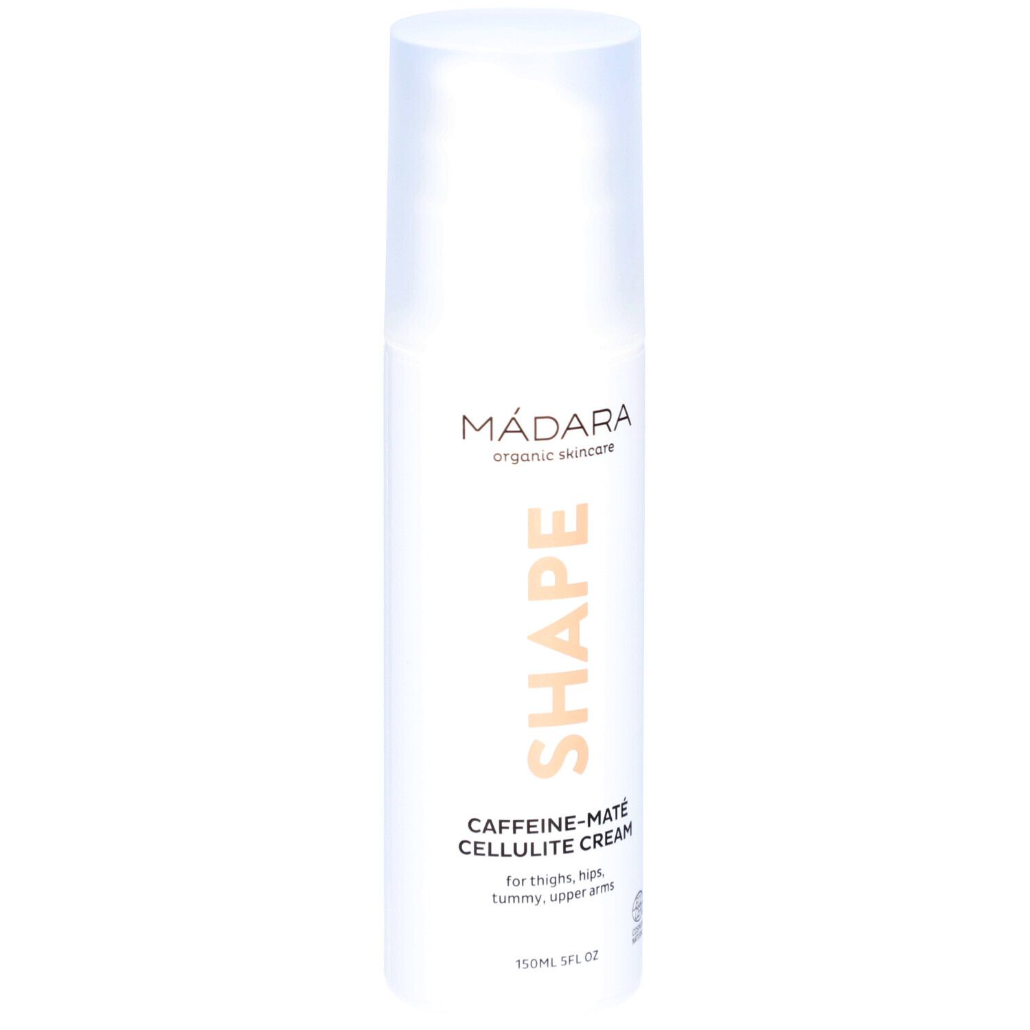 Flacone bianco con SHAPE, Caffeine-Maté Cellulite Cream. Marchio Mádara. 150ml.