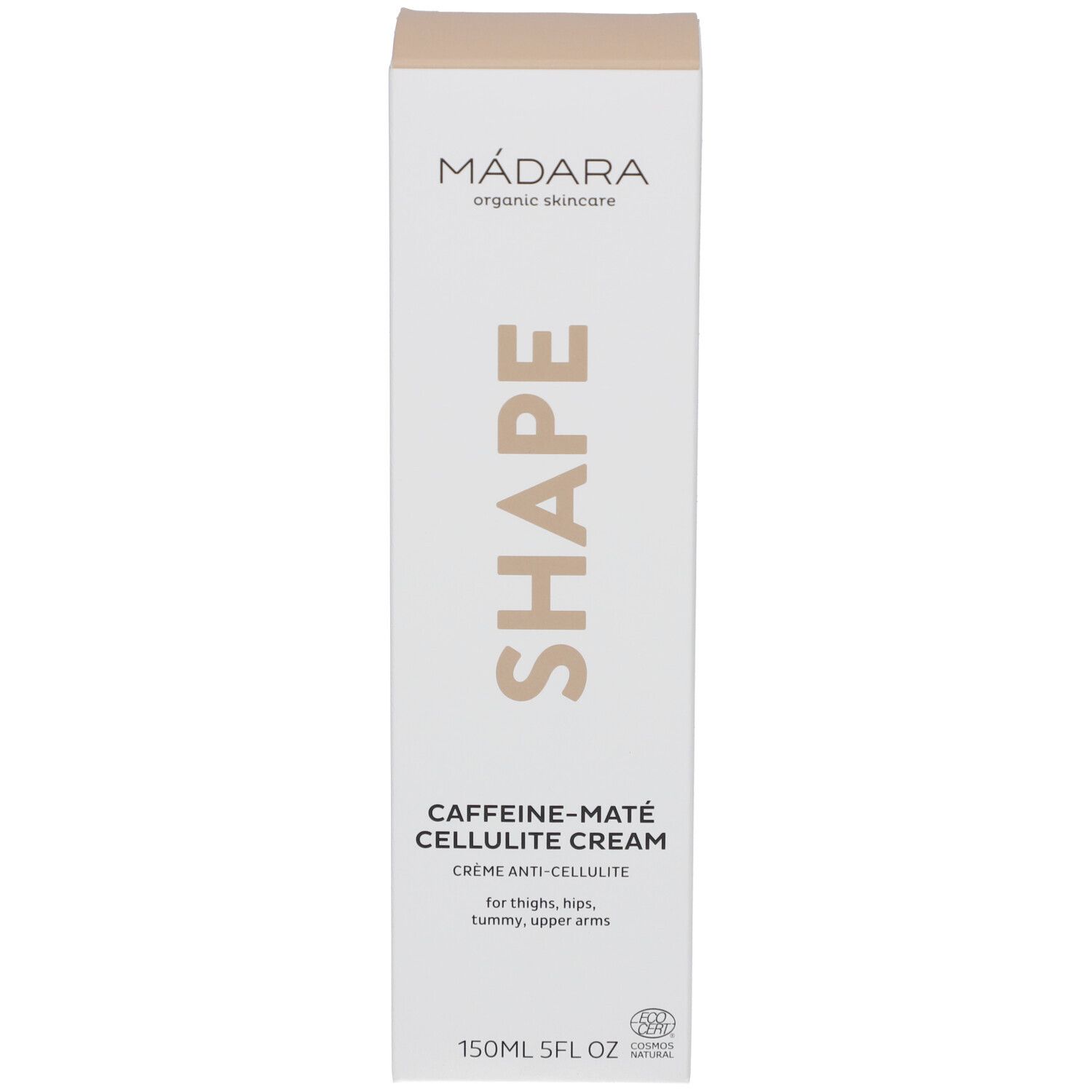 Confezione prodotto. SHAPE, Caffeine-Maté Cellulite Cream. Marchio Mádara. 150ml.