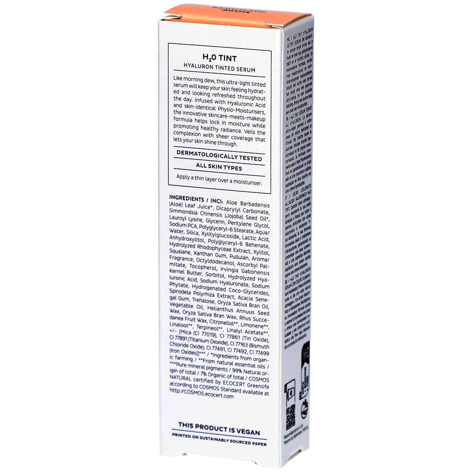 Retro confezione Madara H2O Tint Hyaluron-Serum. Ingredienti, testo. Certificazione vegana. Per tutti i tipi di pelle.