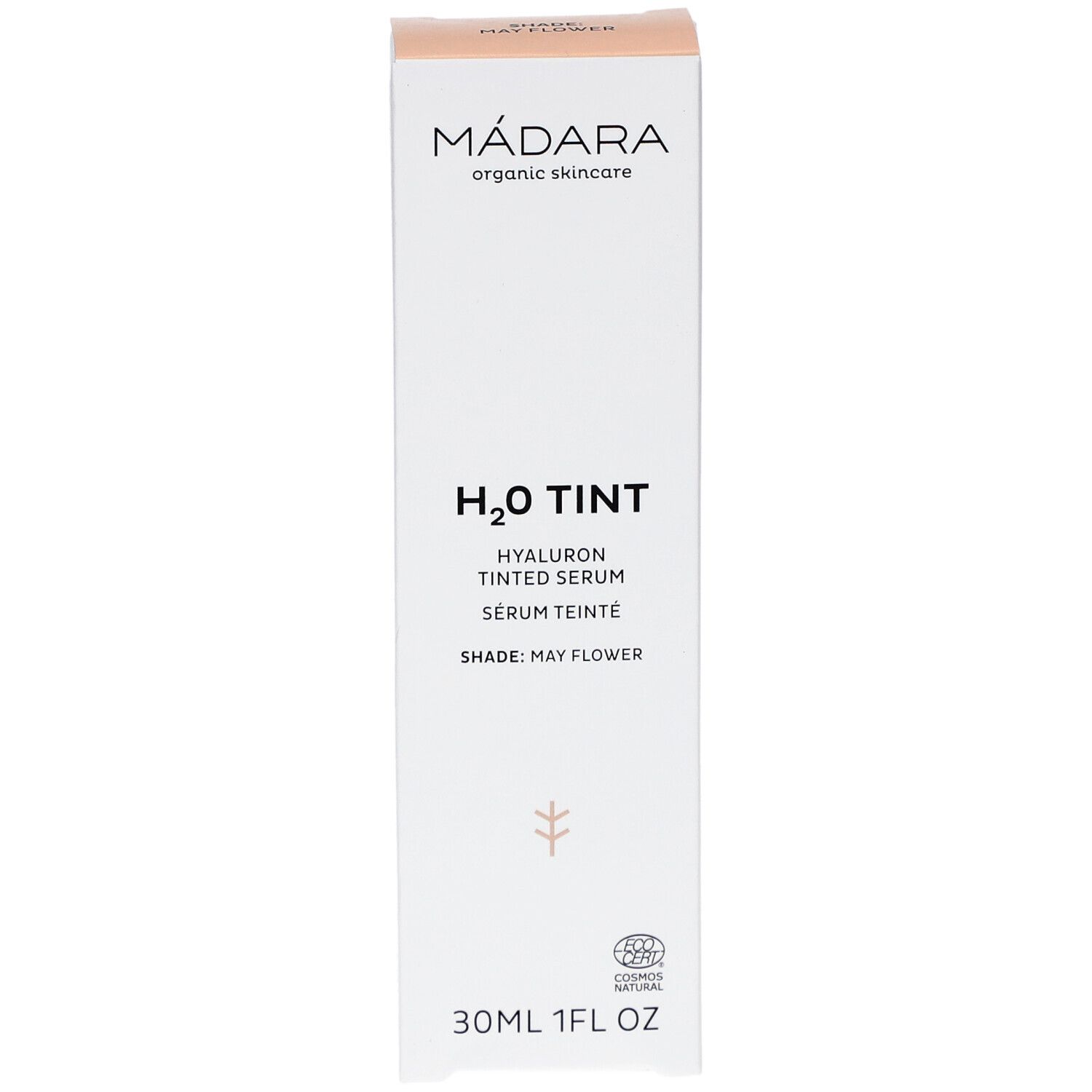 Confezione Madara H2O Tint Hyaluron-Serum. Nome prodotto e logo. 30ml, 1FL OZ. Shade: May Flower. Certificazione CO2.