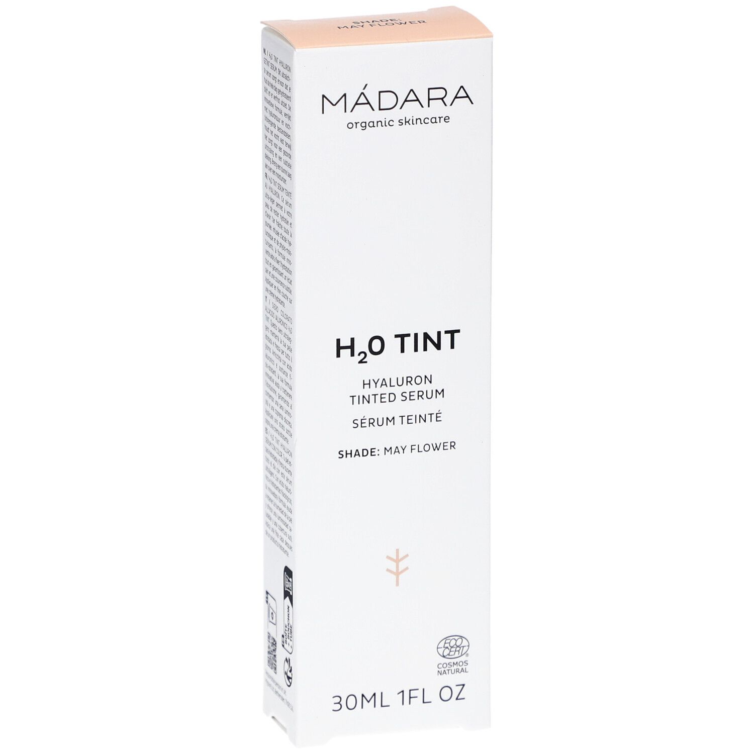 Confezione Madara H2O Tint Hyaluron-Serum. Nome prodotto e logo. 30ml, 1FL OZ. Shade: May Flower. Certificazione CO2.