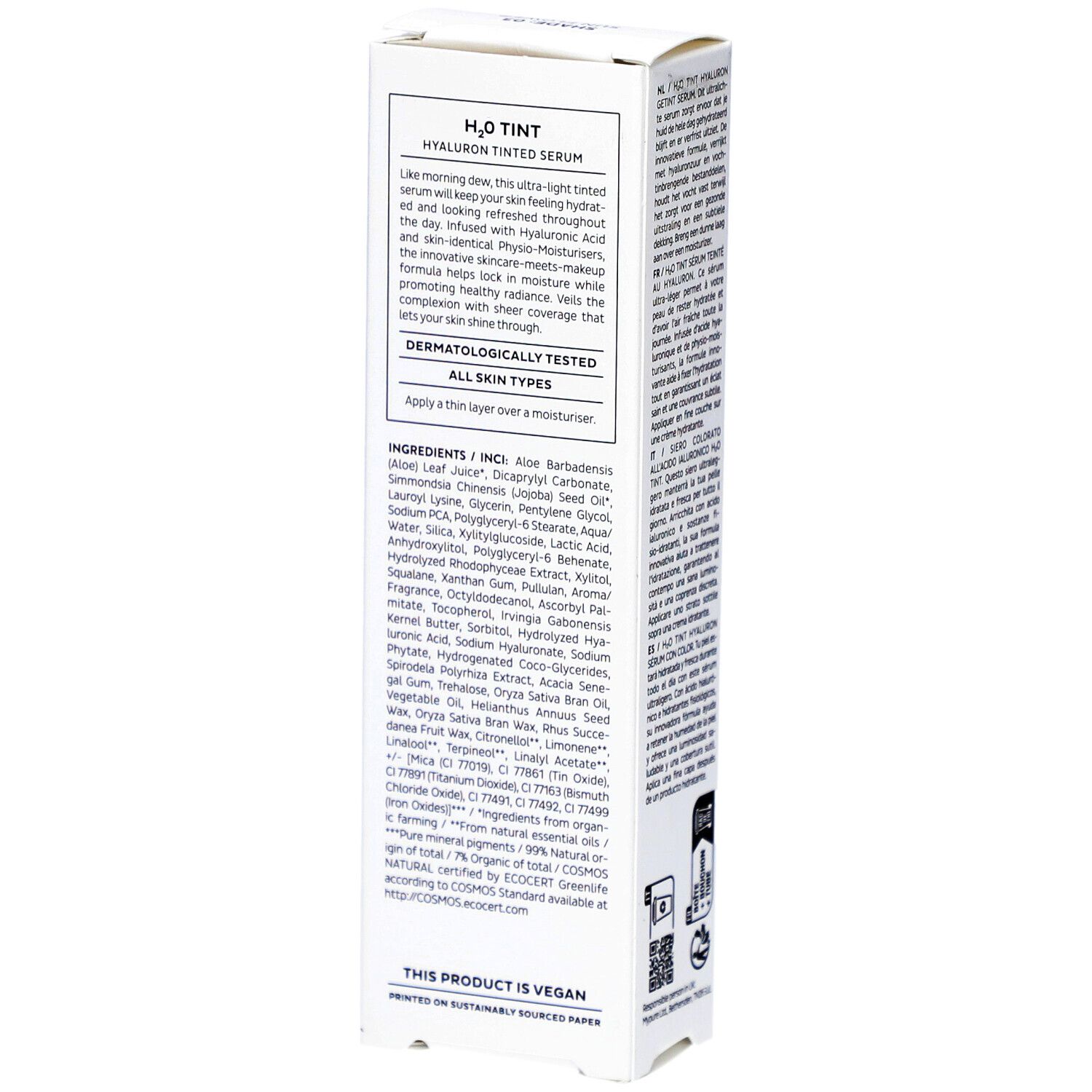 Confezione bianca con testo. Marchio: MÁDARA. Prodotto: H2O TINT Hyaluron Tinted Serum. Ingredienti. Logo vegano. Certificazione COSMOS.