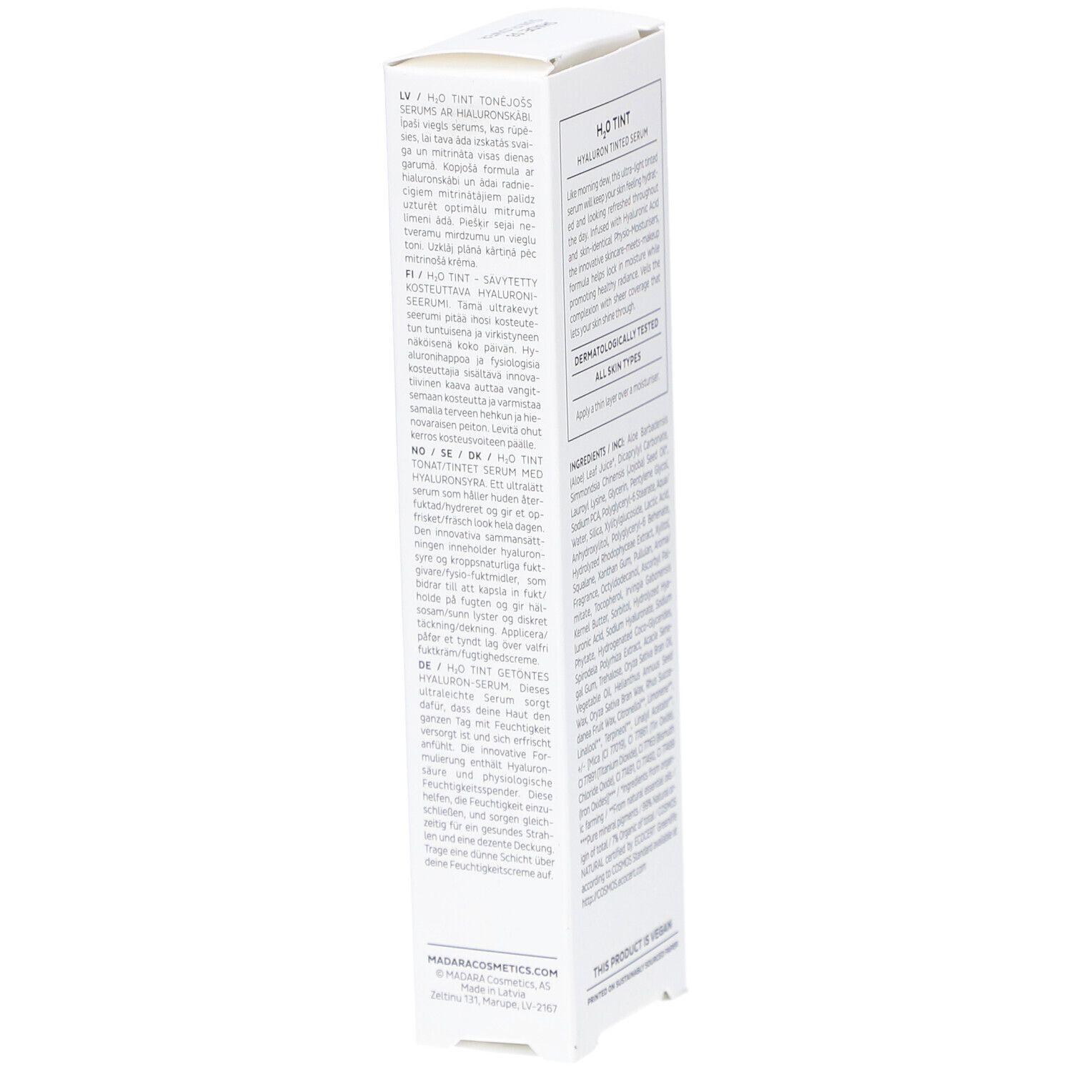 Confezione bianca con testo. Marchio: MÁDARA. Prodotto: H2O TINT Hyaluron Tinted Serum. Testo multilingue. Logo.
