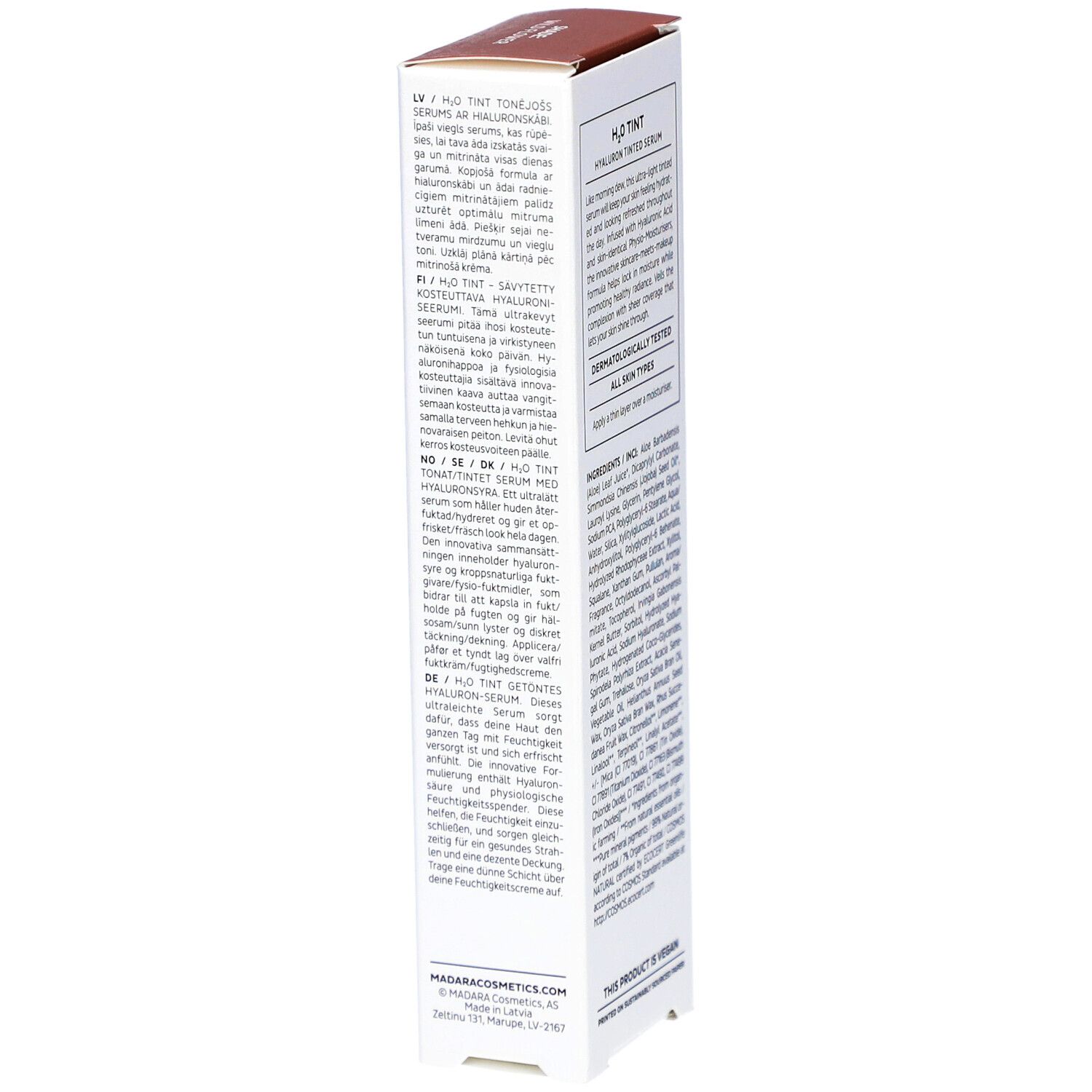 Scatola bianca, vista laterale. Testo in più lingue. Stampa: H2O TINT, Siero colorato all'acido ialuronico. Con codice QR.