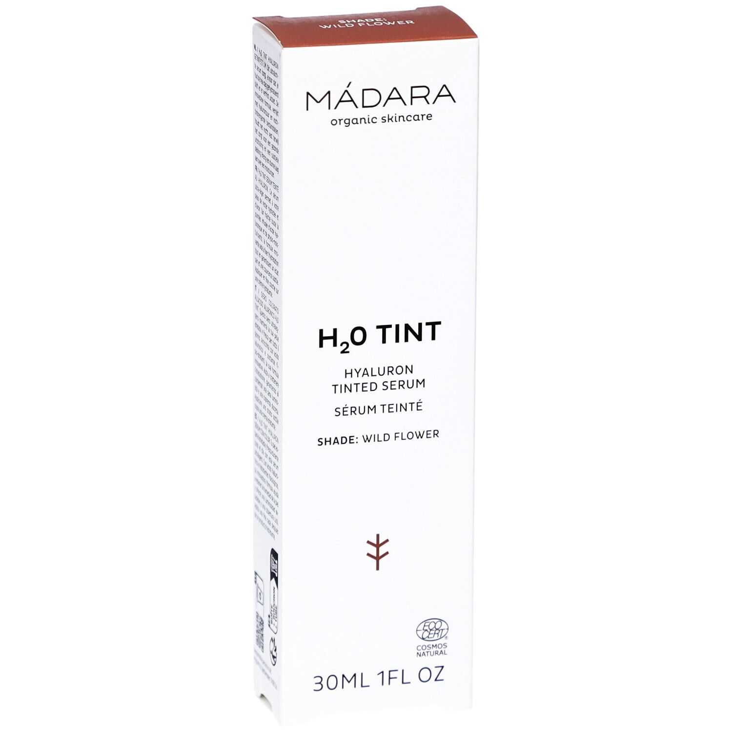 Scatola bianca con stampa del prodotto. Marrone in alto. Scritta: H2O TINT, Siero colorato all'acido ialuronico, Shade: Wild Flower. 30ml.