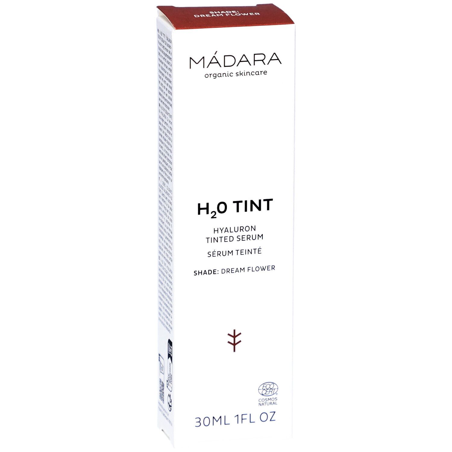 Confezione bianca con nome e logo del prodotto. H2O Tint Siero colorato all'acido ialuronico. Tonalità Dream Flower. 30ml. Certificazione bio.