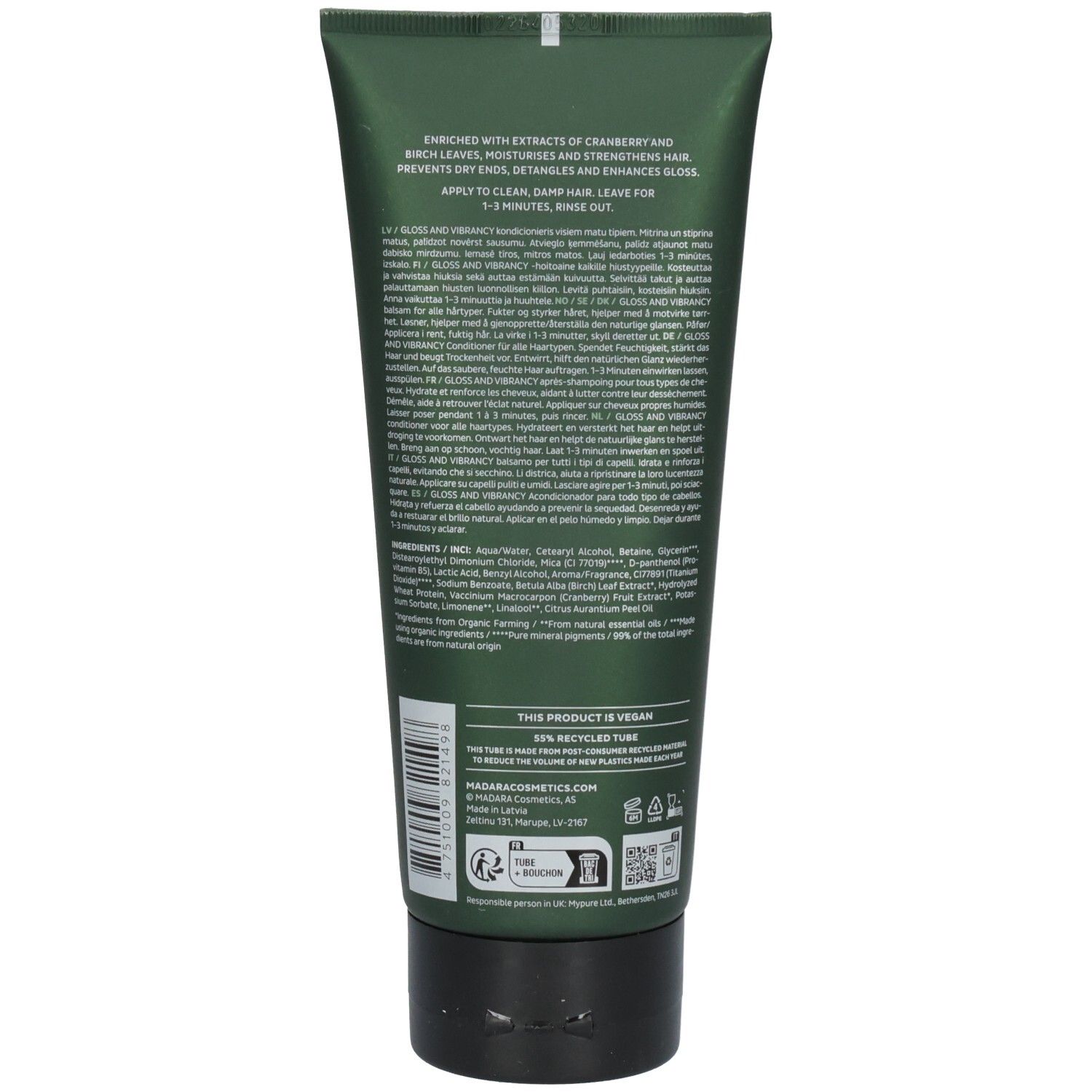 Retro di un tubo verde Madara Gloss and Vibrancy Conditioner con informazioni sul prodotto.