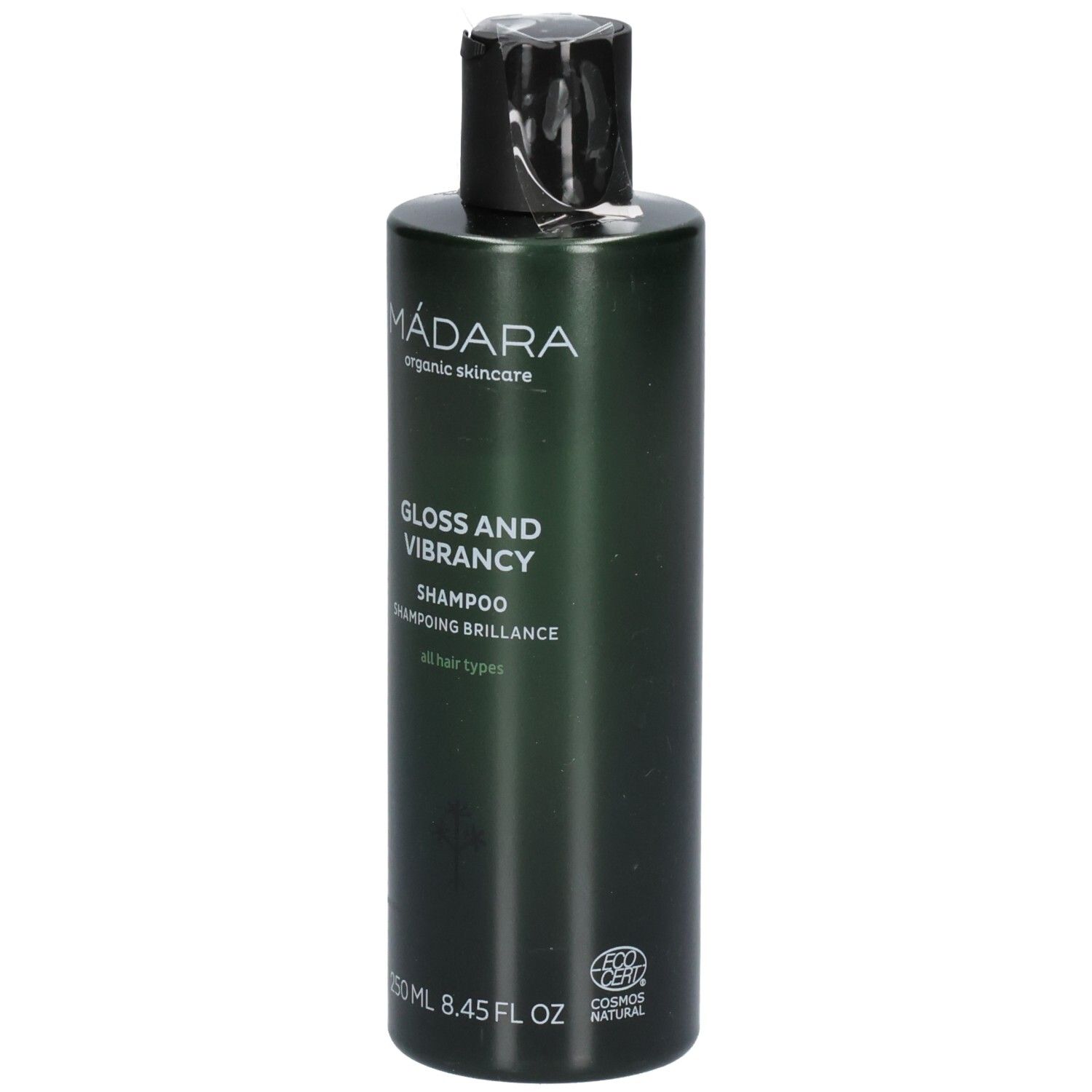 Flacone di shampoo verde con tappo nero. Etichetta: MÁDARA, Gloss and Vibrancy Shampoo, 250 ml.