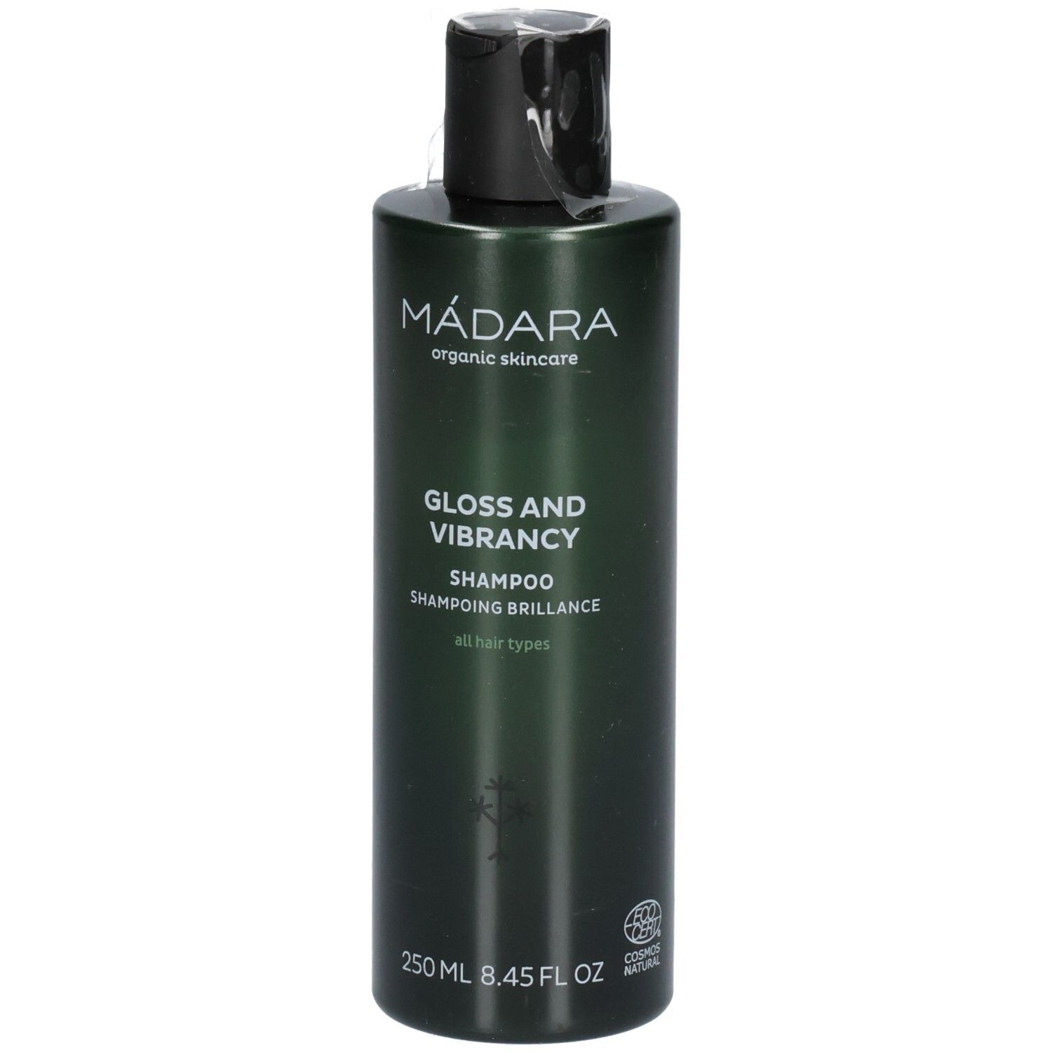 Flacone di shampoo verde con tappo nero. Etichetta: MÁDARA, Gloss and Vibrancy Shampoo, 250 ml.