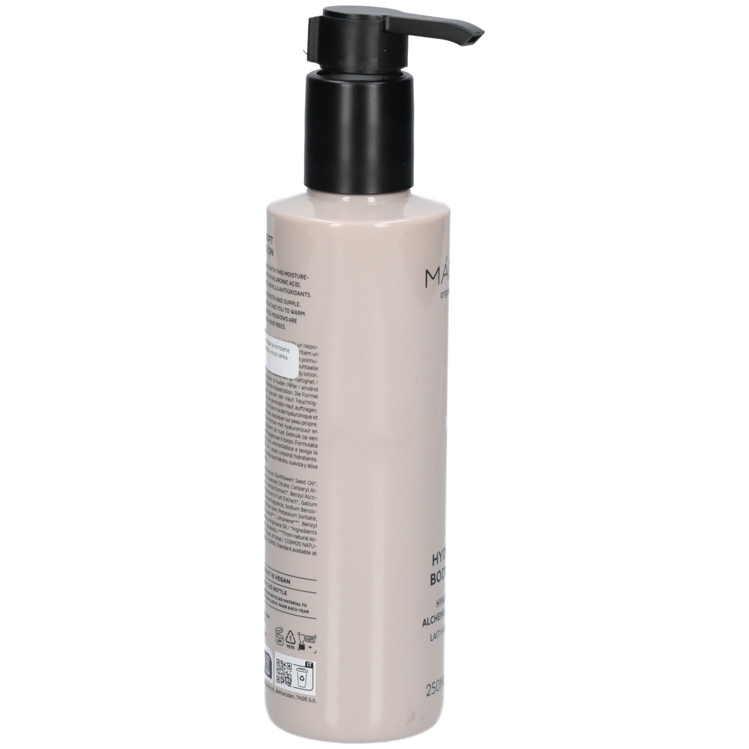 Vista posteriore del flacone Madara Hydra Soft Body Lotion con erogatore a pompa.