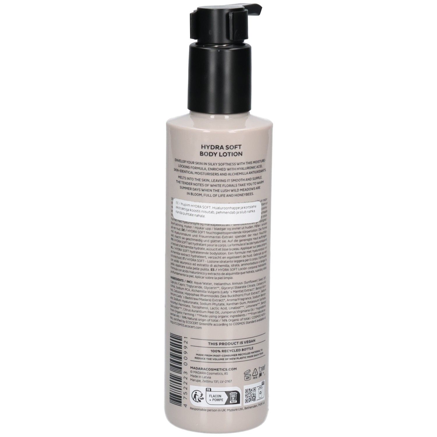 Vista posteriore del flacone Madara Hydra Soft Body Lotion con erogatore a pompa ed etichetta.