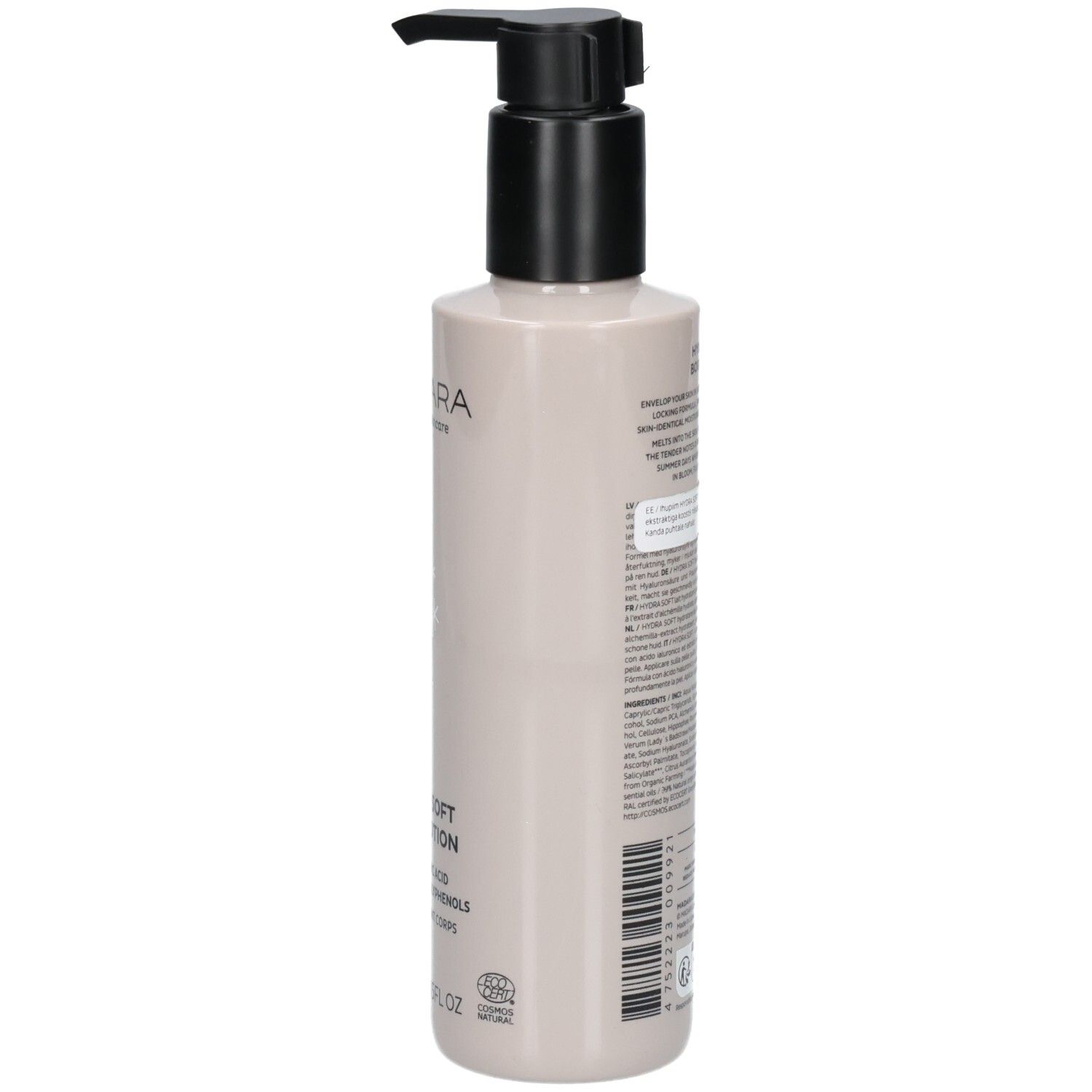 Vista posteriore del flacone Madara Hydra Soft Body Lotion con erogatore a pompa.