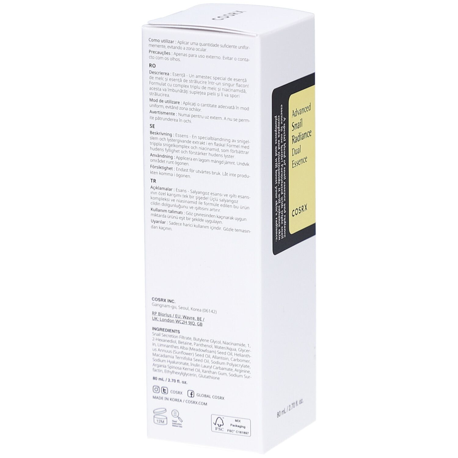 Confezione bianca. Testo multilingue. Marchio COSRX. 80 ml. Stampe: riciclo, durata, ingredienti.