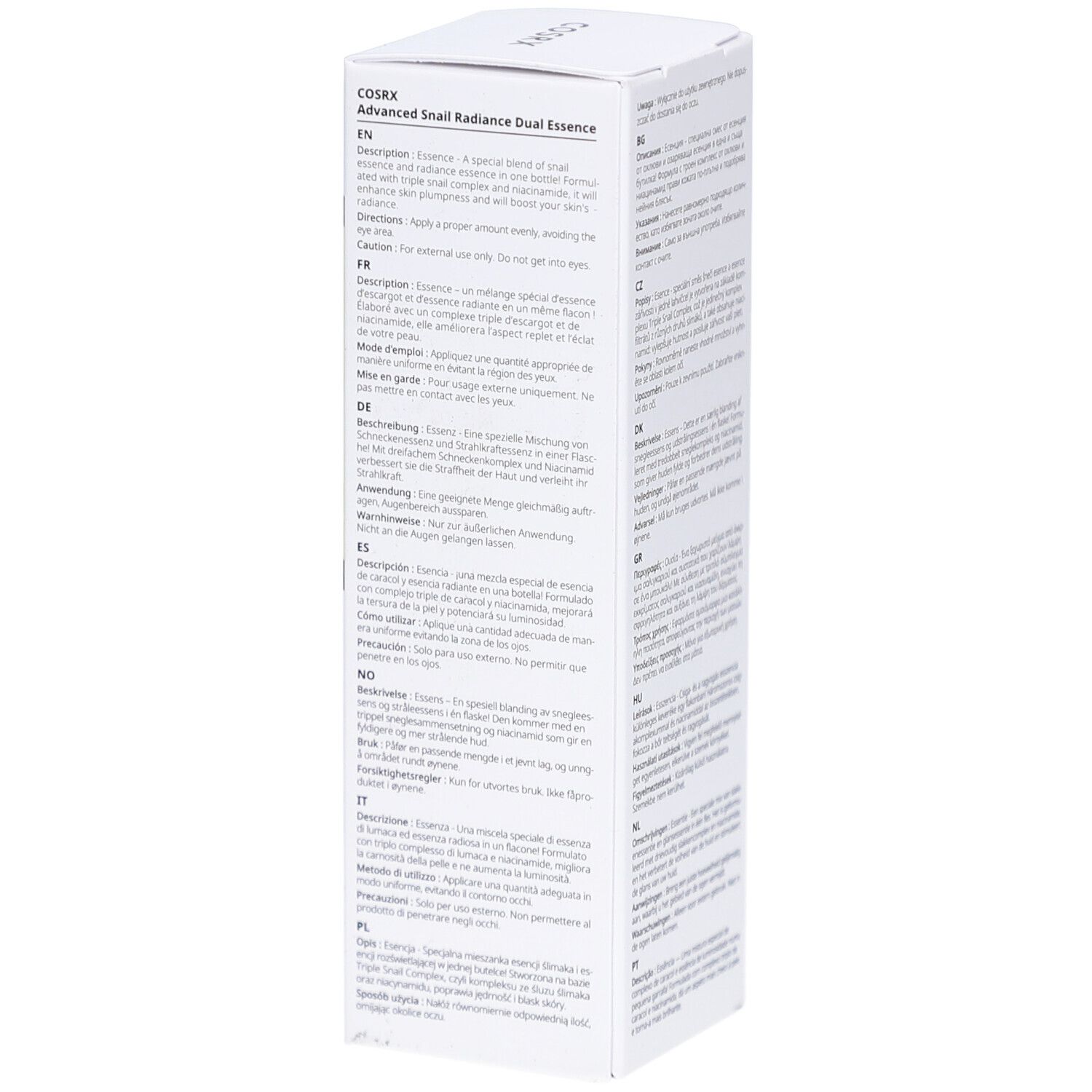 Confezione bianca. Etichetta nera con nome prodotto e marchio: COSRX Advanced Snail Radiance Dual Essence. 80 ml.