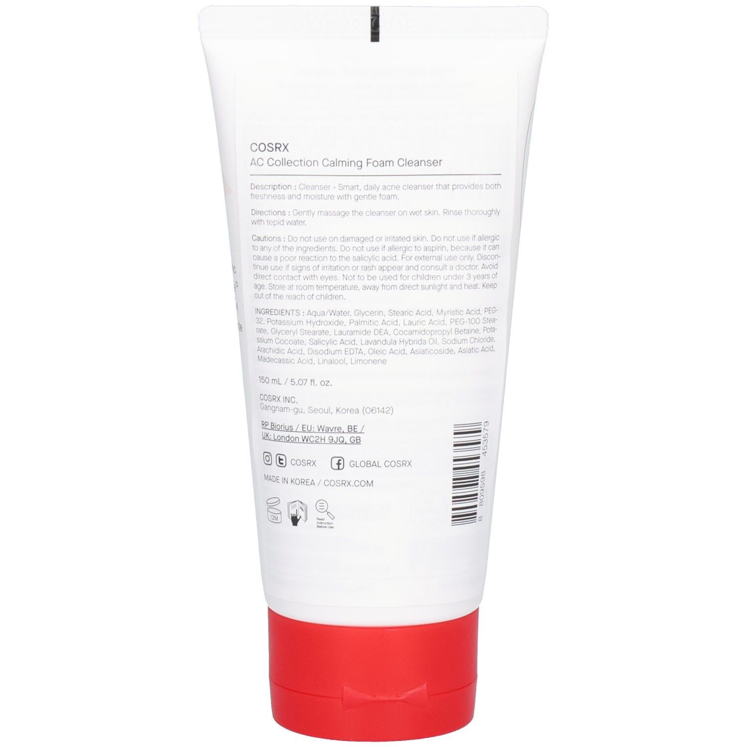 Retro del tubo bianco con tappo rosso. Stampa con ingredienti, istruzioni e produttore.