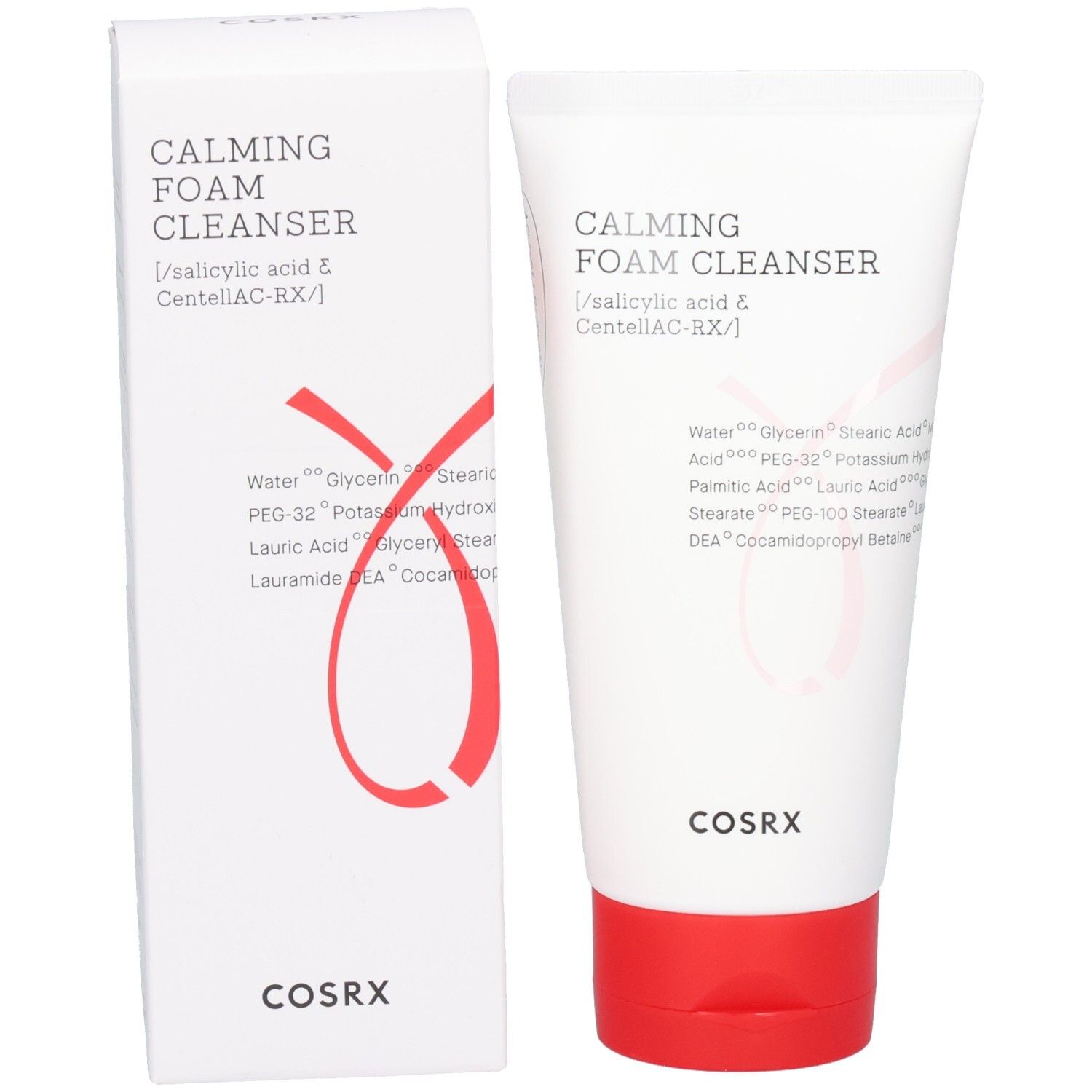 Confezione e tubo bianchi. Scritta: Calming Foam Cleanser, Cosrx. Grafica rossa. Tubo con tappo rosso.