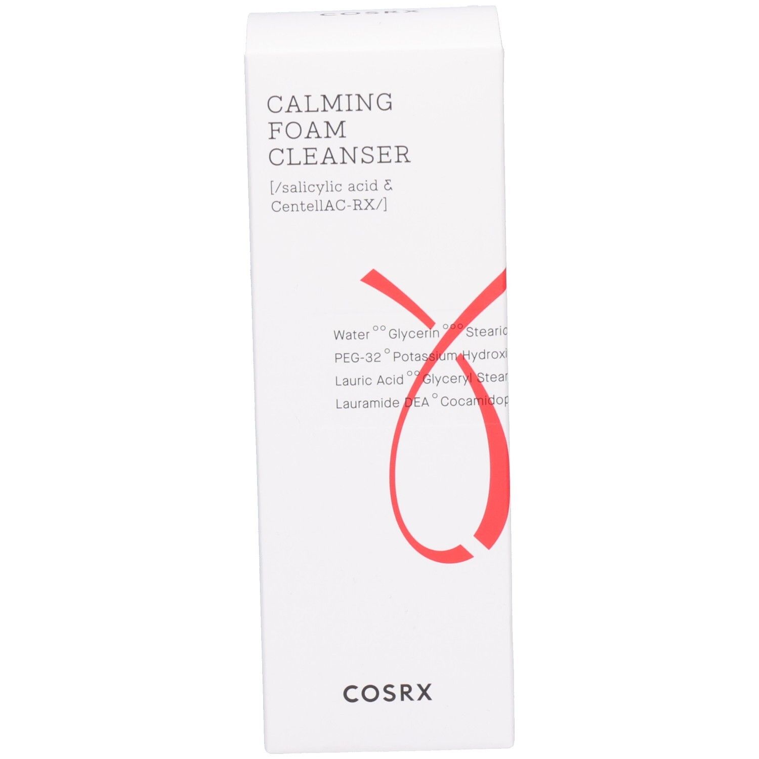 Confezione bianca. Scritta: Calming Foam Cleanser, Cosrx. Grafica rossa. Ingredienti stampati.