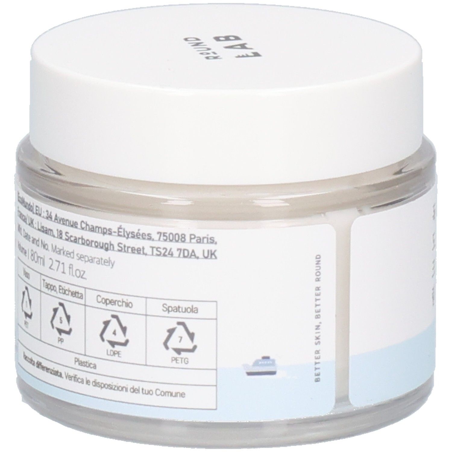 Vaso rotondo trasparente con coperchio bianco. Etichetta con testo e simboli di riciclaggio. "ROUND LAB" in alto.