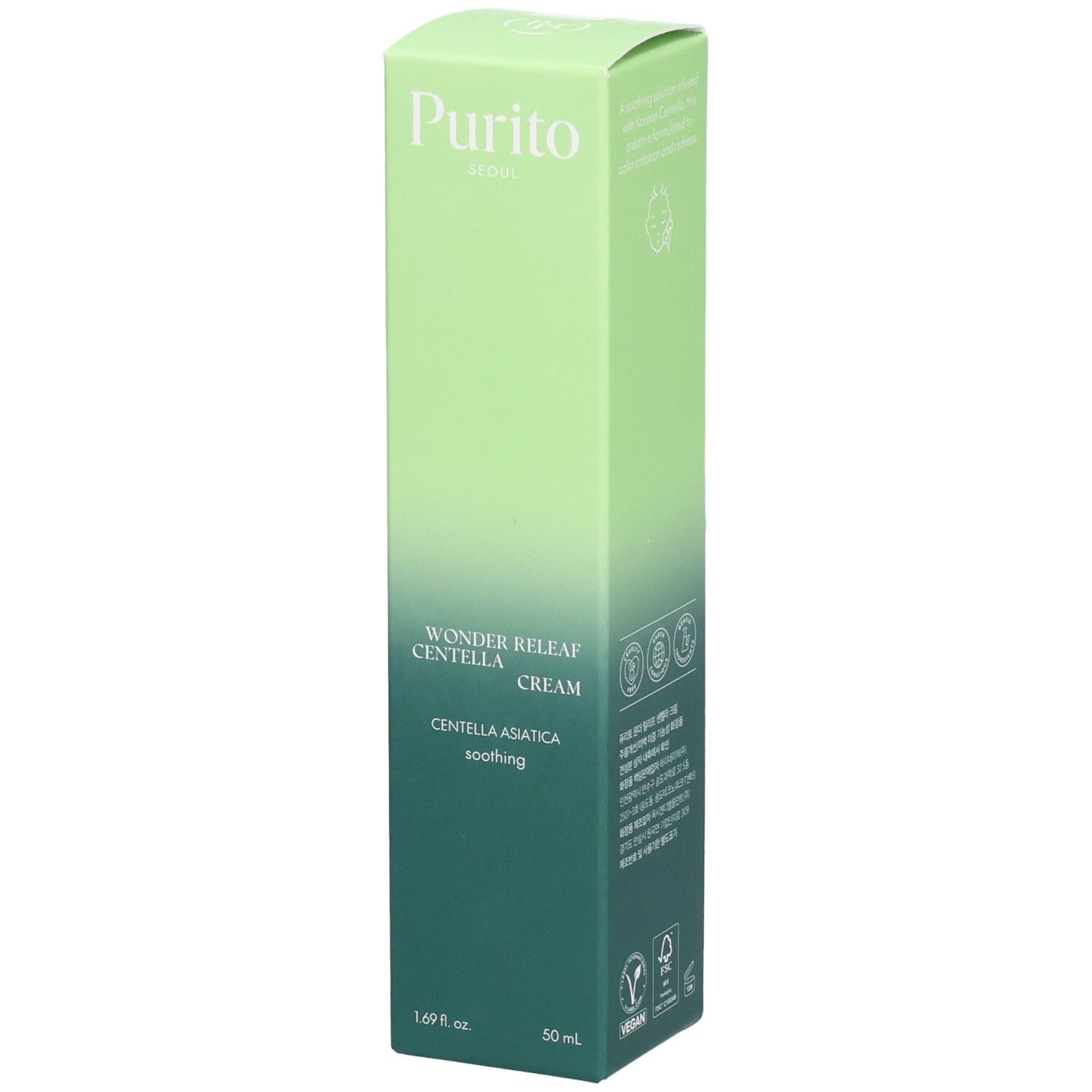 Scatola verde Purito. Contiene Wonder Releaf Centella Cream. Scritte e loghi. Sigillo vegano.