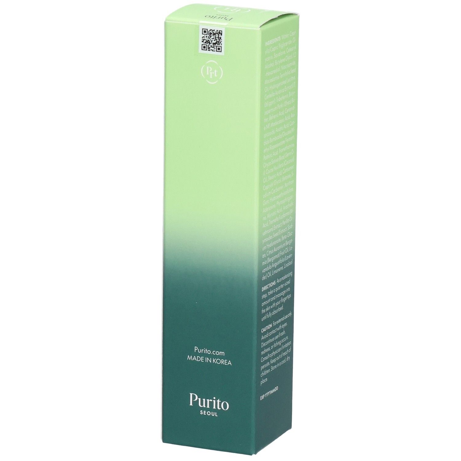 Scatola verde Purito. Prodotto in Corea. Codice QR.