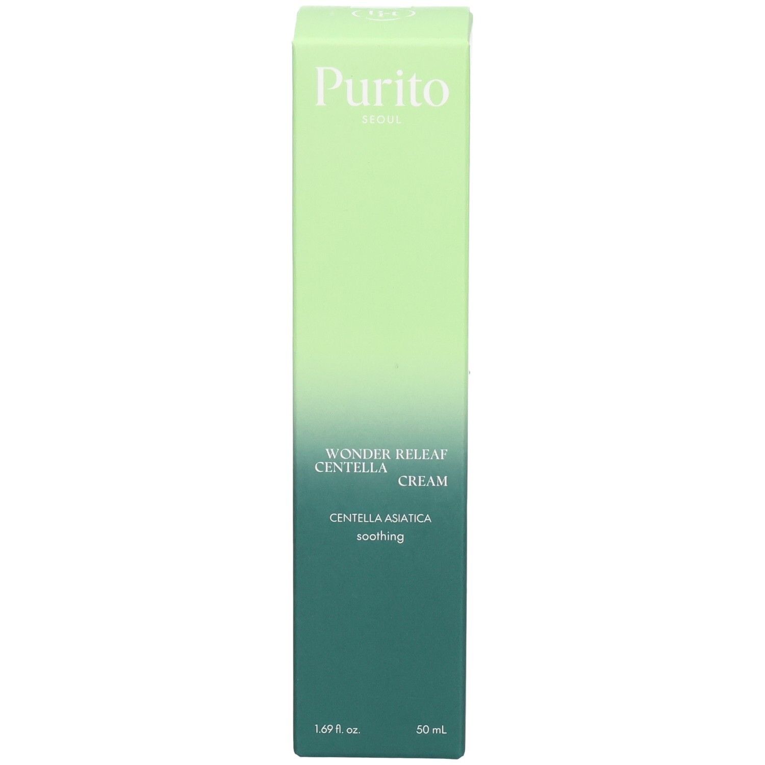 Scatola verde Purito. Contiene Wonder Releaf Centella Cream.