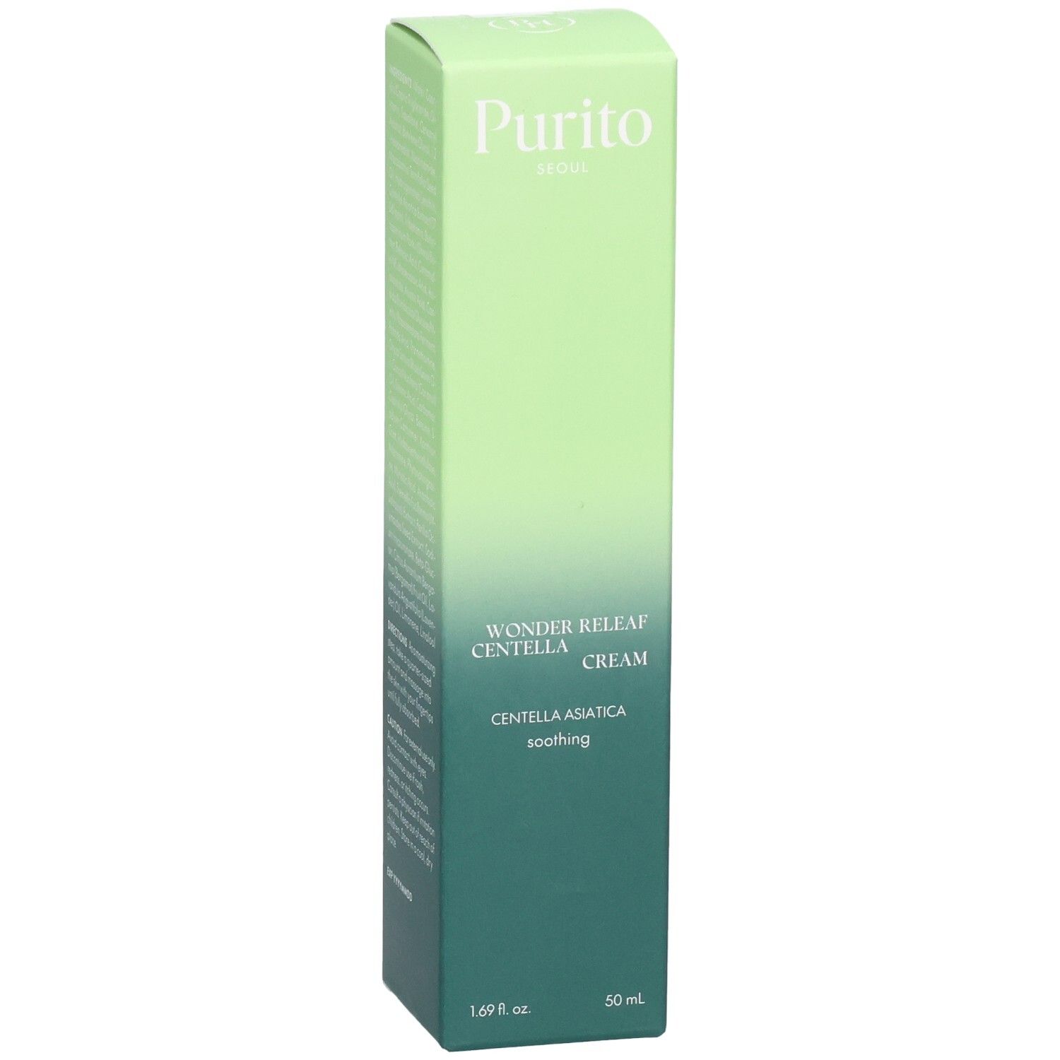Scatola verde Purito. Contiene Wonder Releaf Centella Cream.