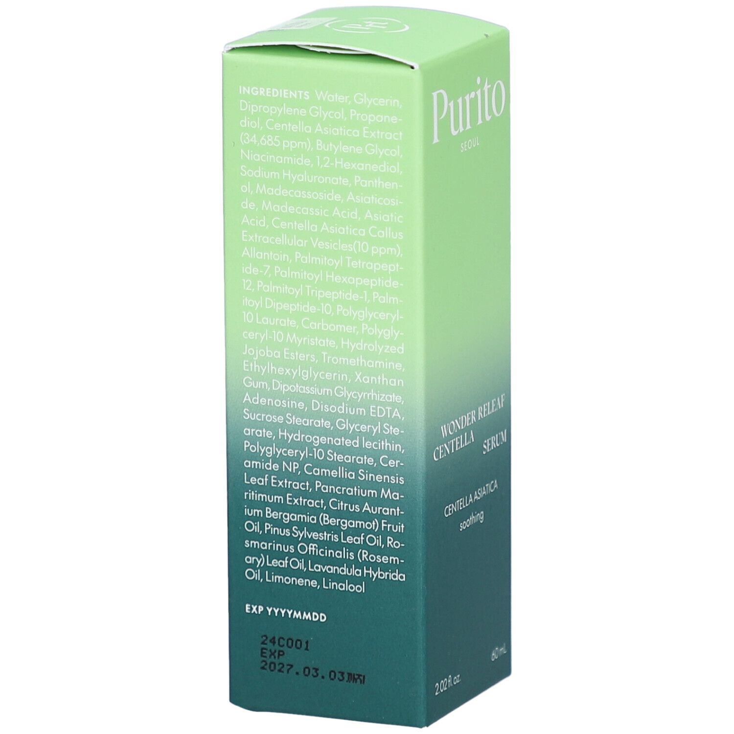 Confezione verde con ingredienti e data di scadenza. 60 ml. Testo: Wonder Releaf Centella Serum.